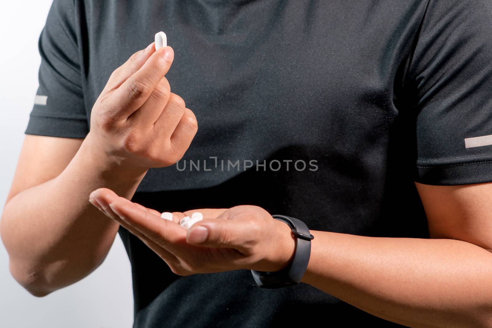 focus on the men hand holding the medicine, medicine recovery concept