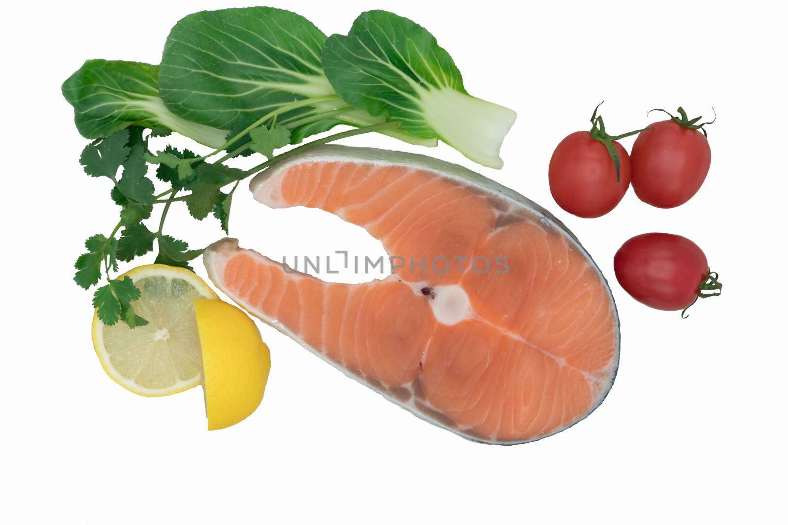 isolated raw salmon steak with vegetable, food and vegetable concept