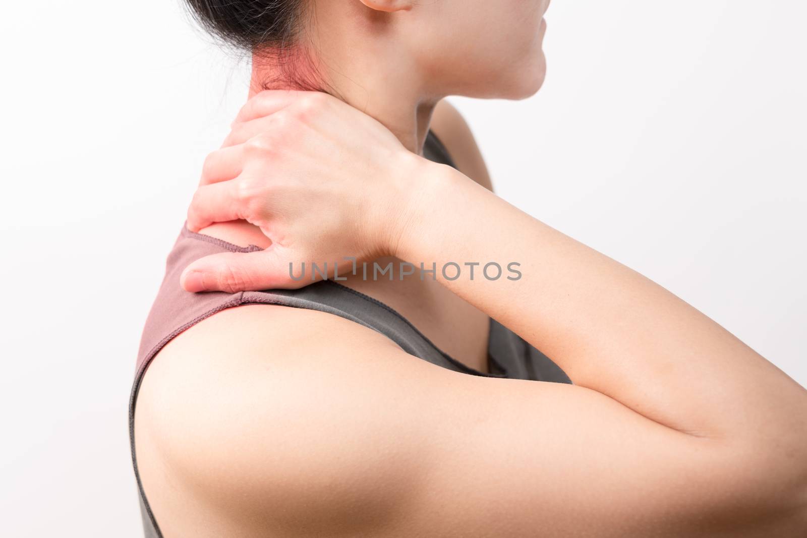 closeup women neck and shoulder pain/injury with red highlights on pain area with white backgrounds, healthcare and medical concept