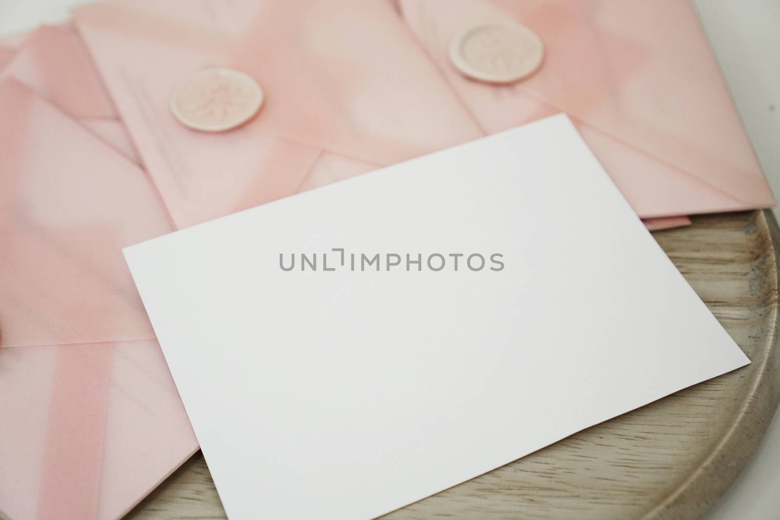 Gift certificates in a pink envelope. Wedding invitation or Valentine's Day cards - Mocap - place for text
