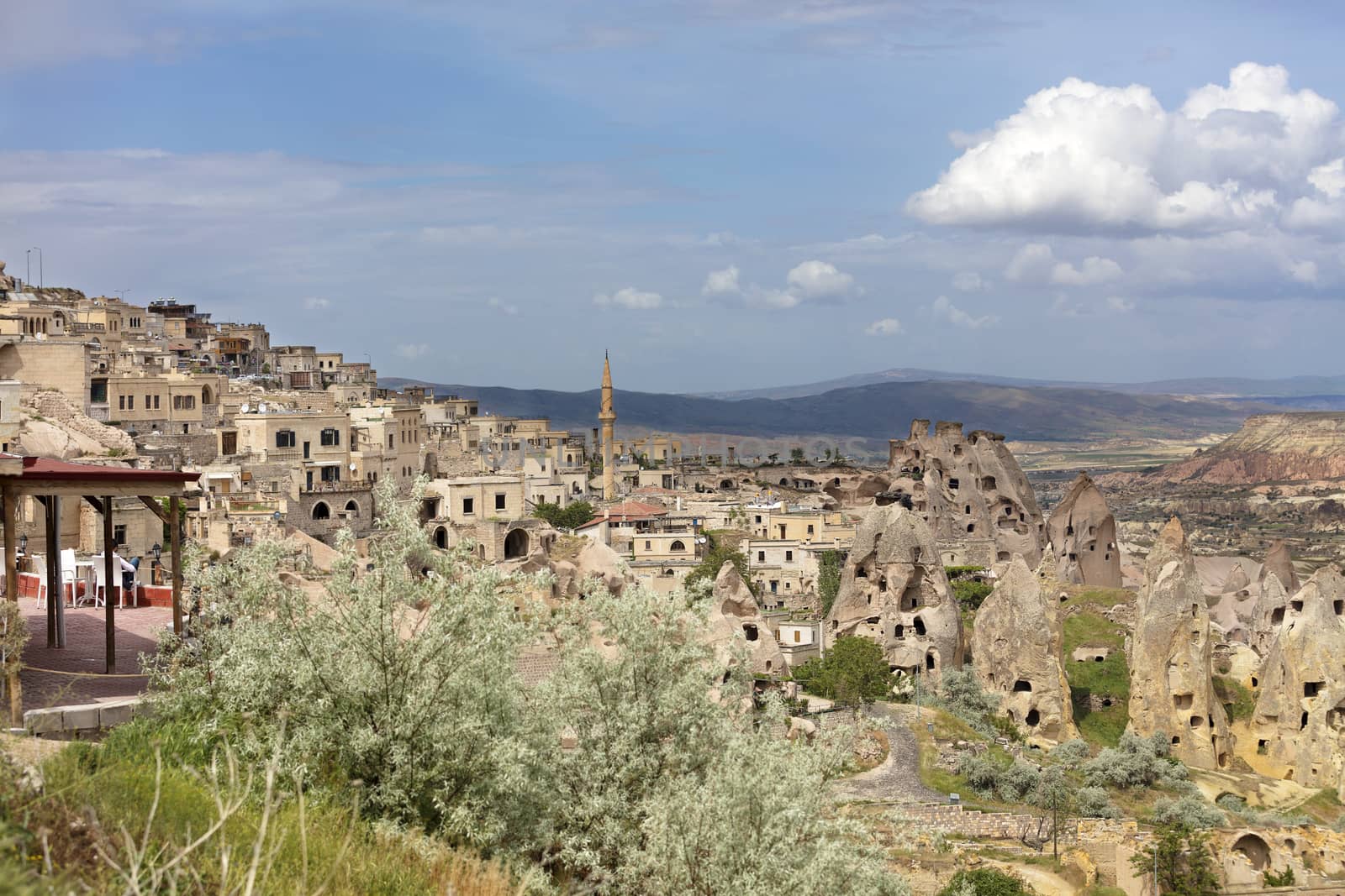 Uchisar Castle in Cappadocia, Nevsehir, Turkey. The special stone formation of Cappadocia.