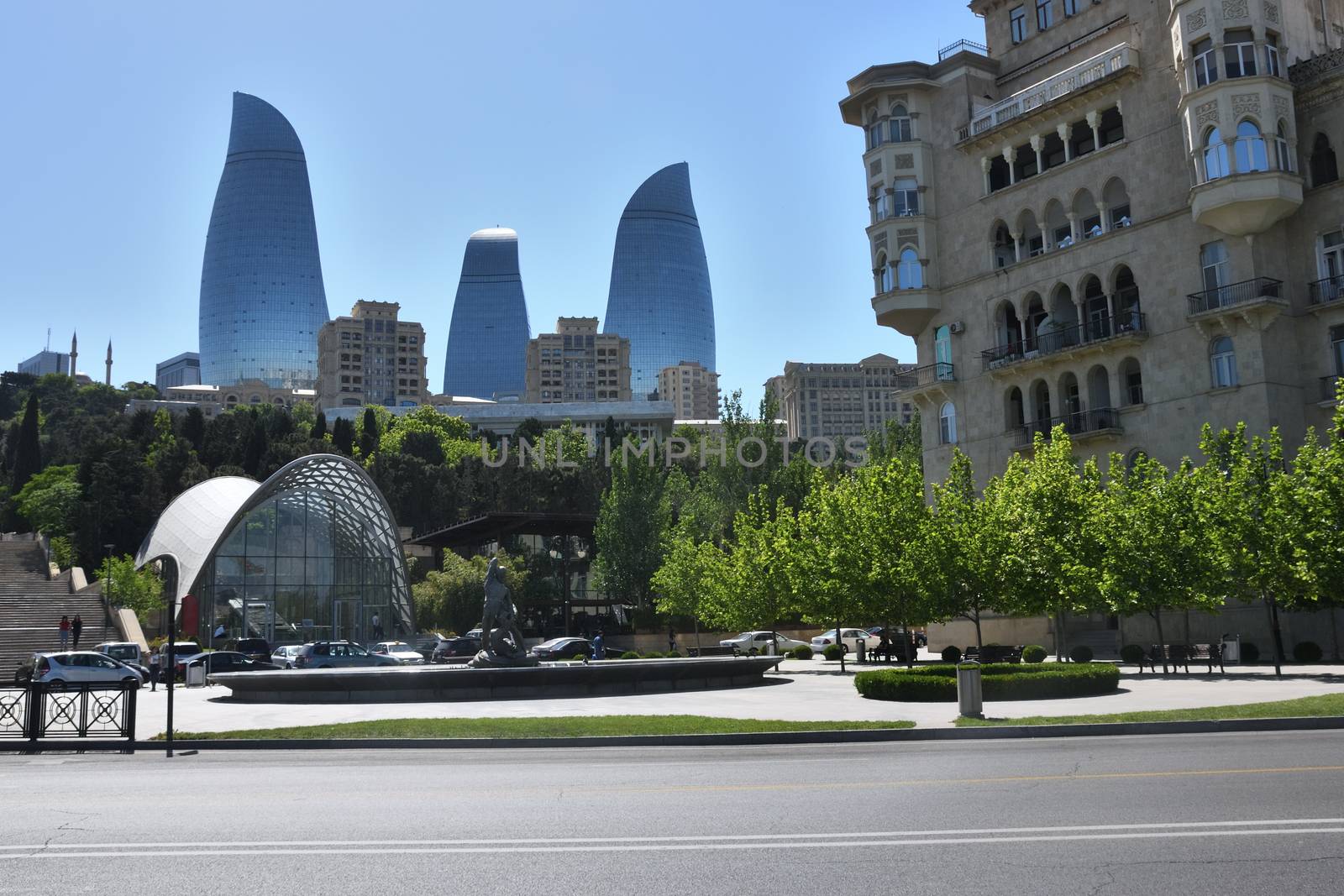 View of Baku from the road near the bouleward on the Caspian Sea in Azerbaijan.