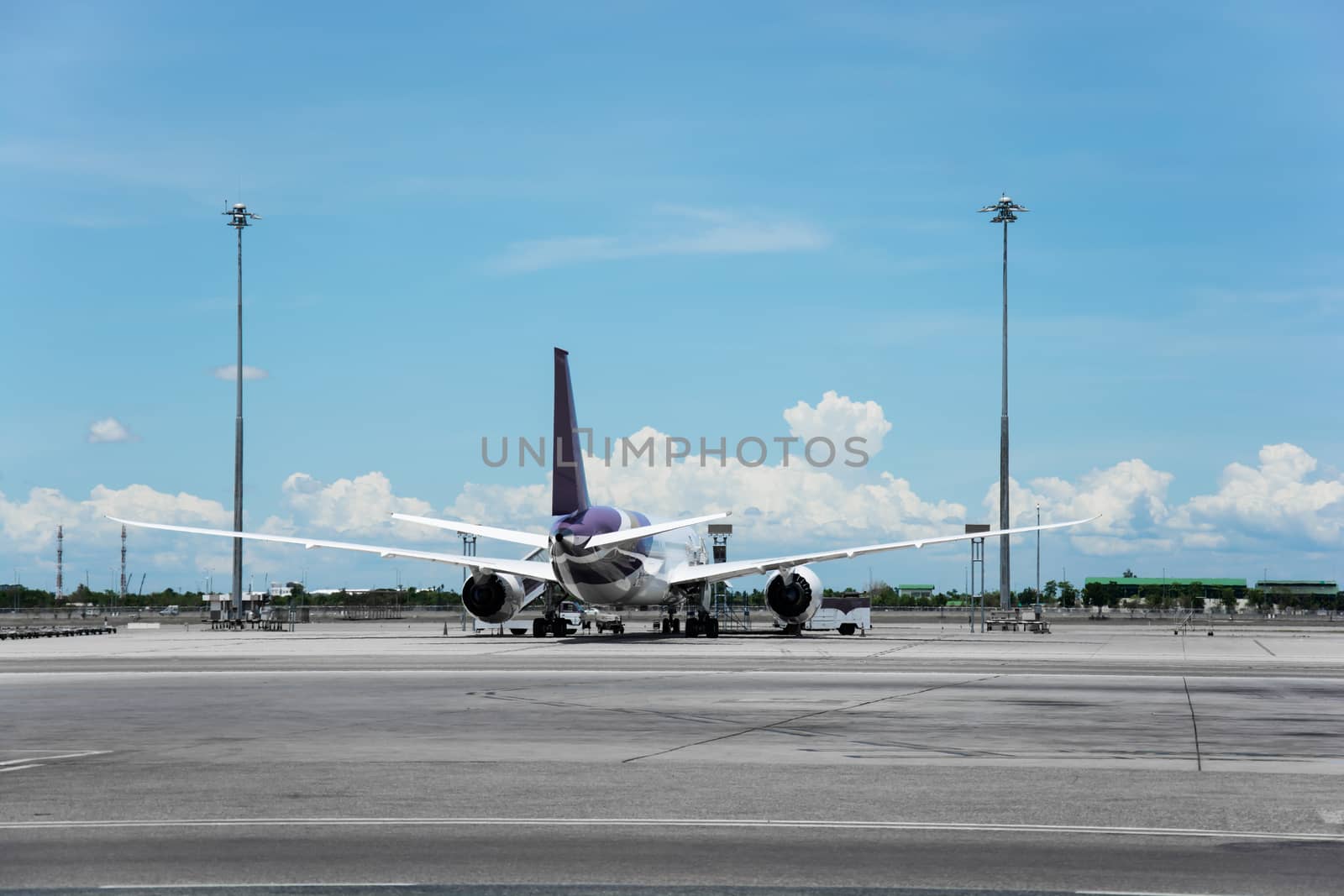 Passenger planes at the airport shoot on the bus