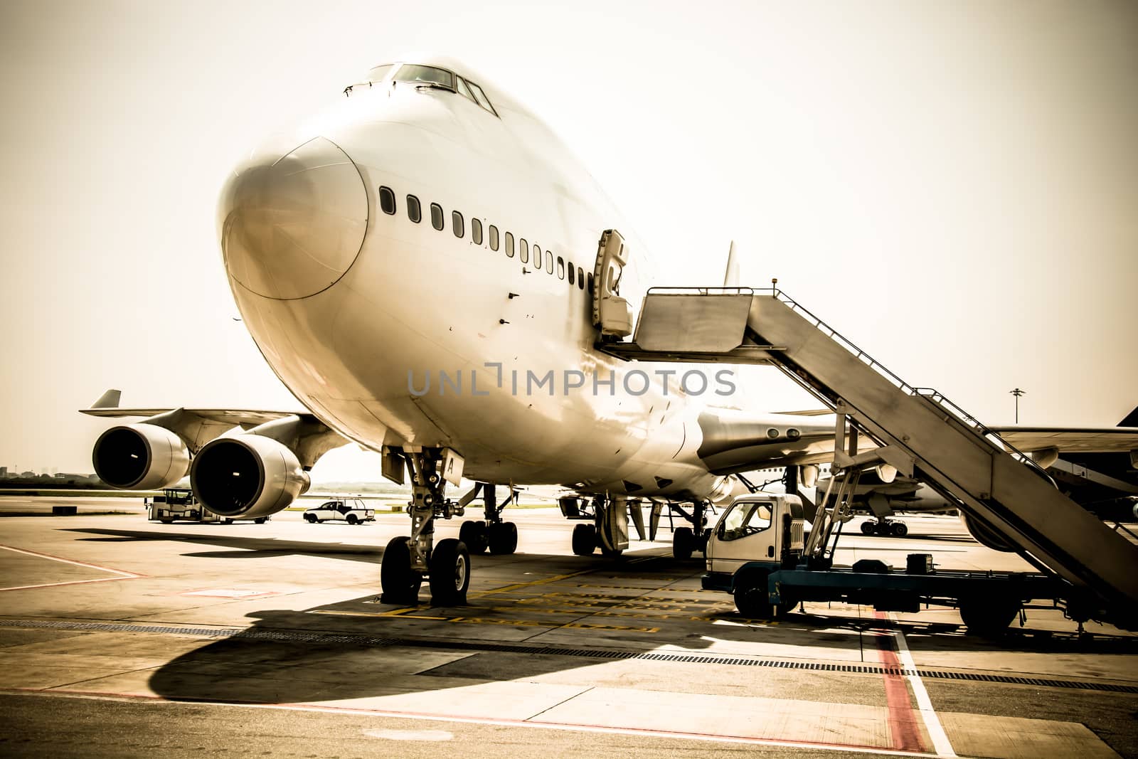 Airplane near the terminal in an airport cockpit