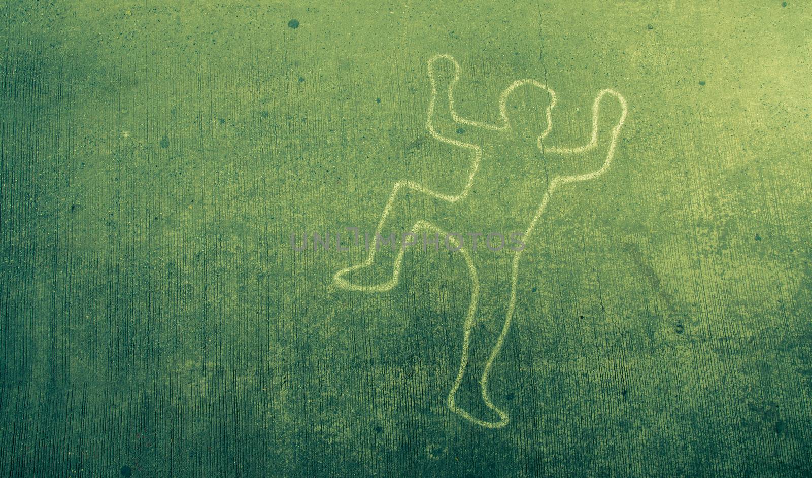 Crime scene chalk line of an auto accident with tire skid marks leading over the body.vintage tone