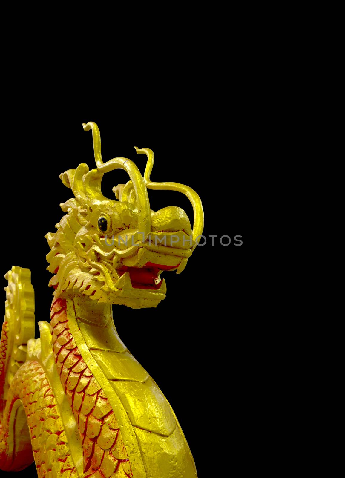 golden and red Chinese dragon on black background