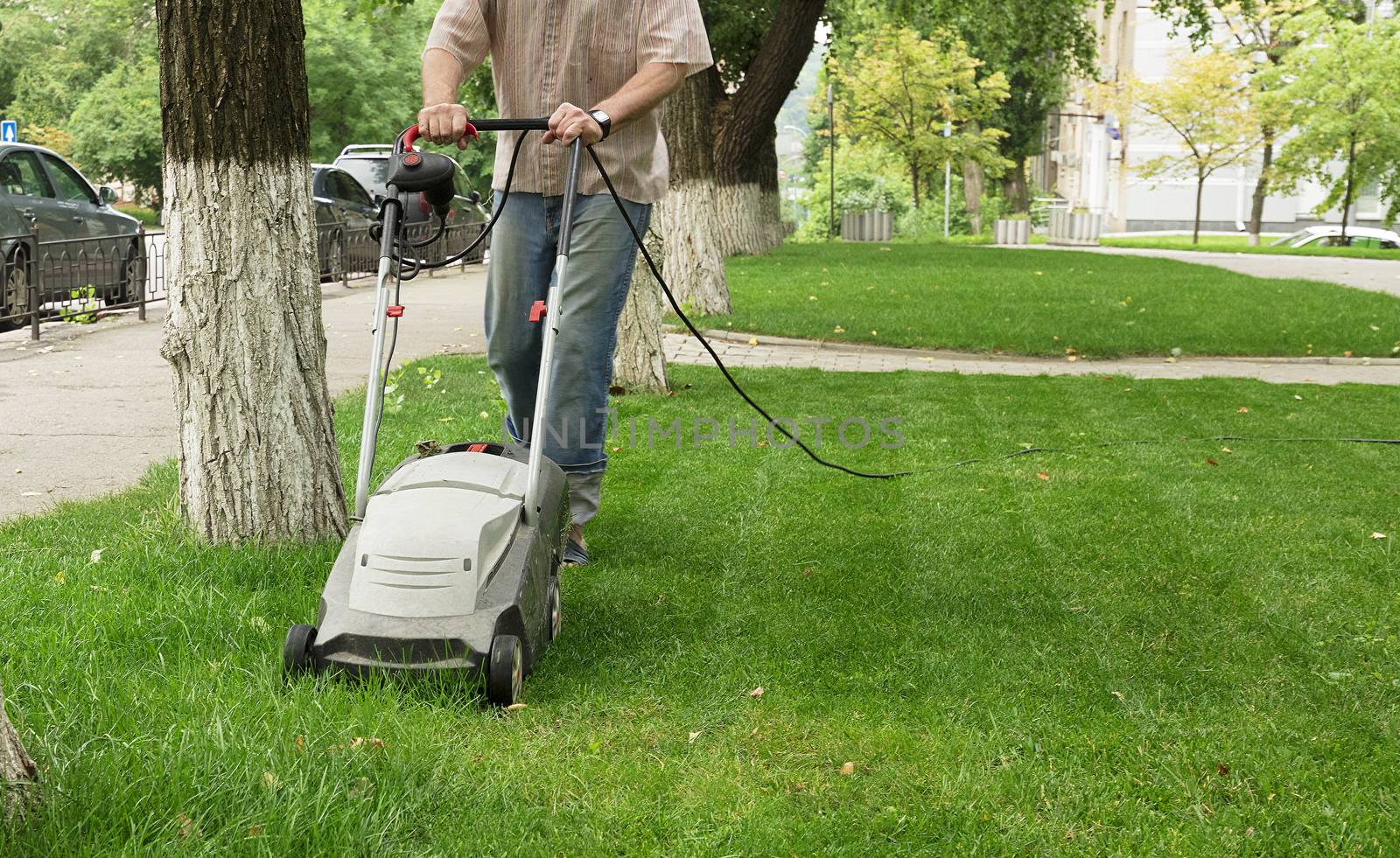 Worker with a electric lawn mower cares for an urban lawn near the sidewalk