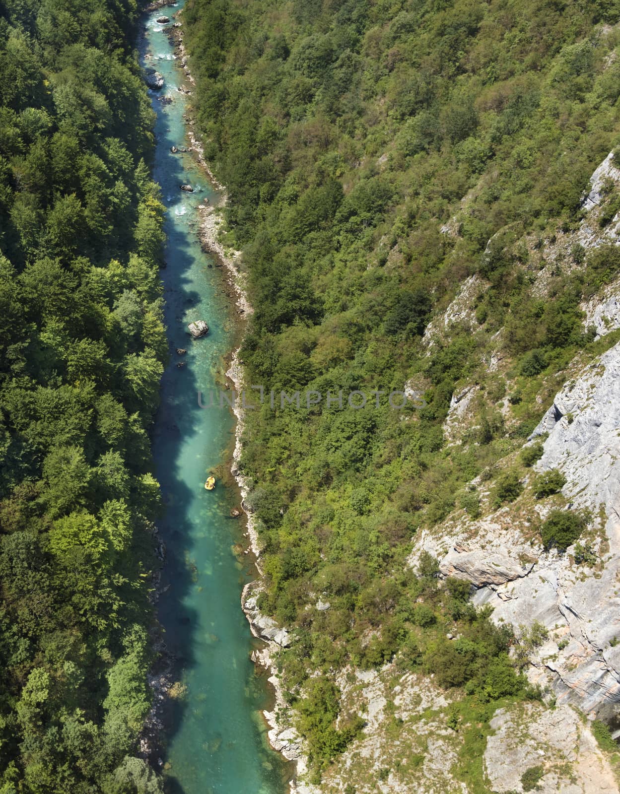 The pure turquoise water of the mountain river overcomes the stone rapids in the national park of central Montenegro. Ecology concept.