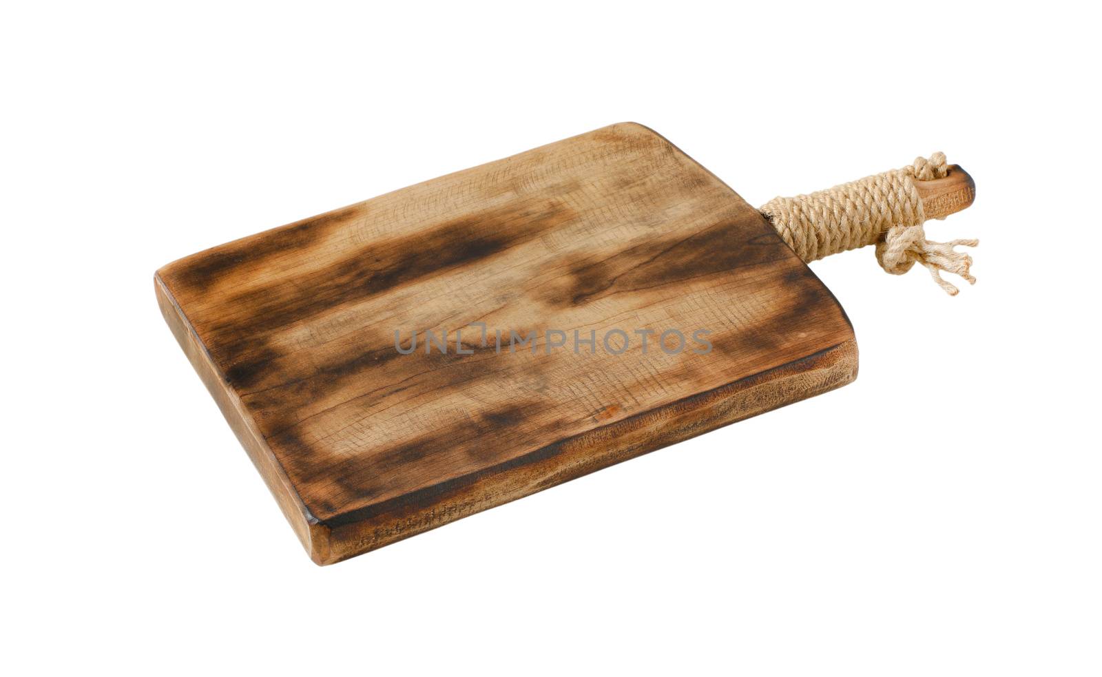 Rustic wooden cutting or serving board with handle isolated on white