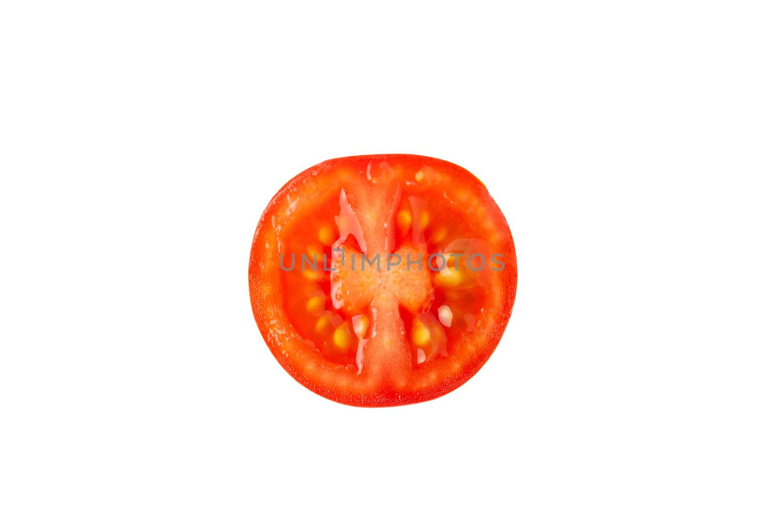 Fresh red cherry tomato without leaves in incision, half fetus isolated on white background. Macro, flat lay. Horizontal, close-up. Healthy eating, farmer's product, raw food, keto diet concept.