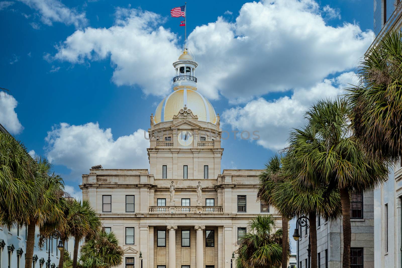 A view of the iconic city hall in Savannah Georgia