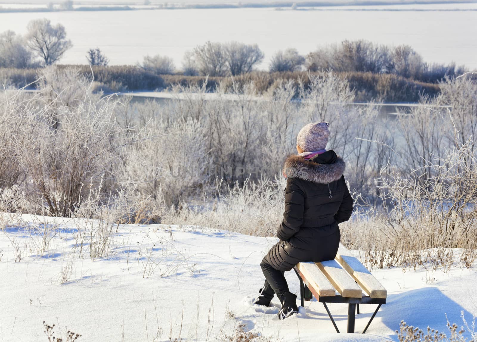 A young woman sits on a wooden bench and looks at the calm Southern Bug River on a sunny winter day. by Sergii