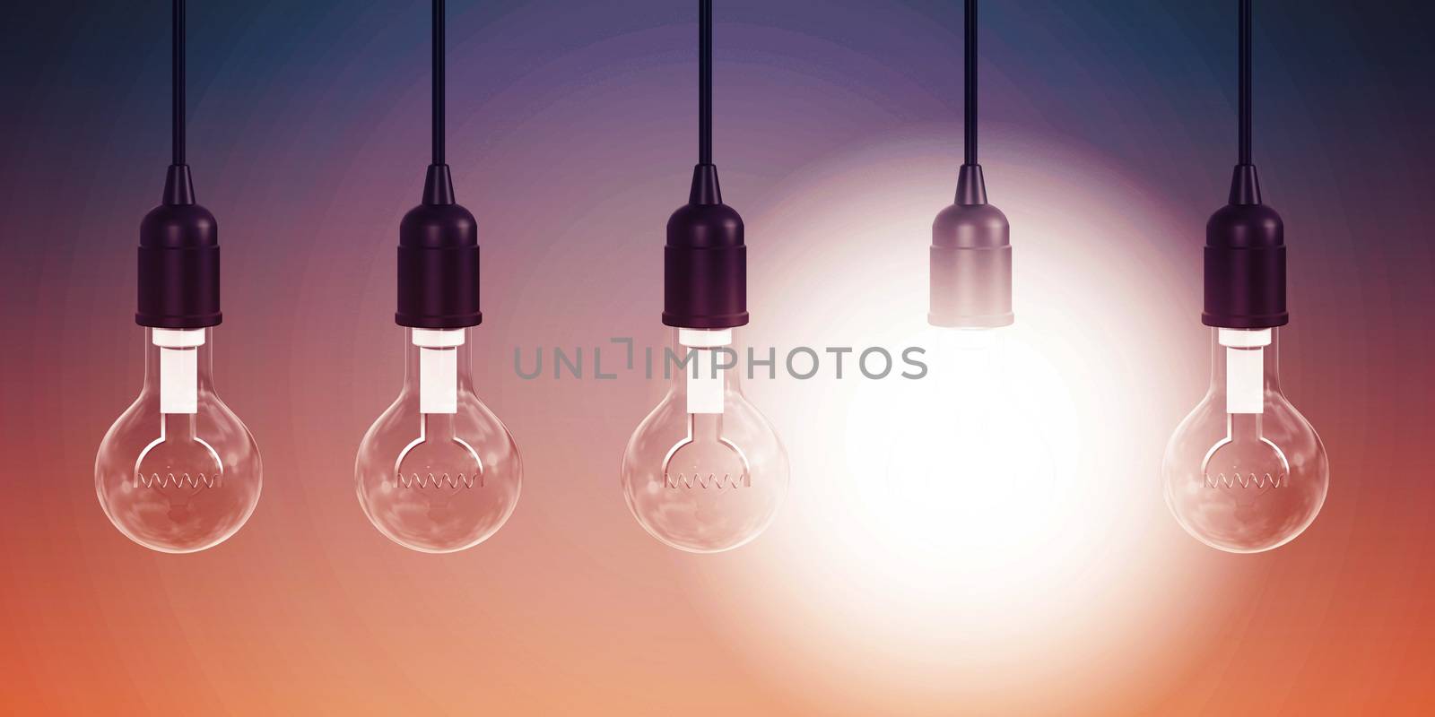 Row of Hanging Lightbulbs with One Lit Up