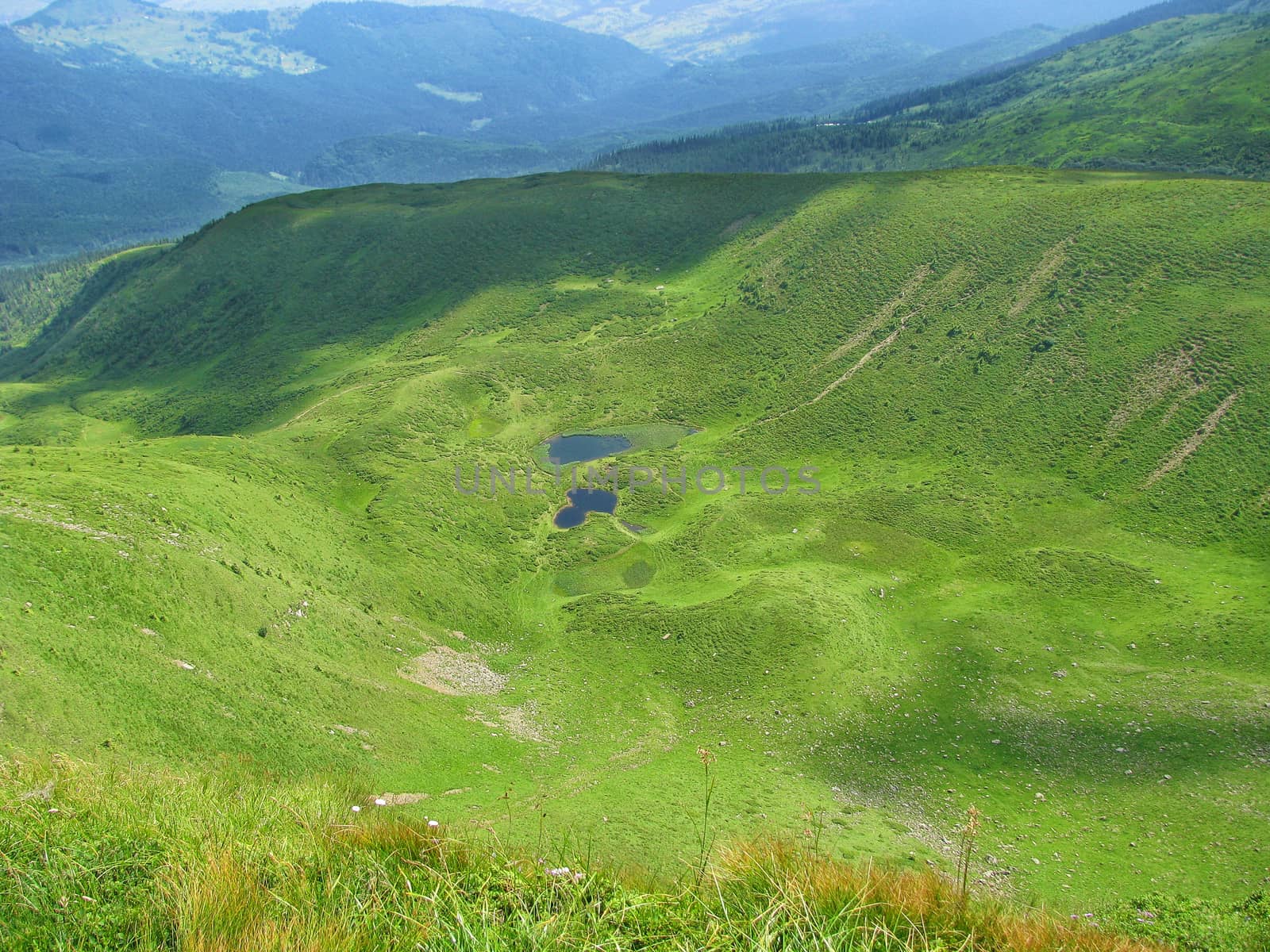 Mountain lakes in the valley of the Carpathian Mountains on a bright summer day. Ukraine.