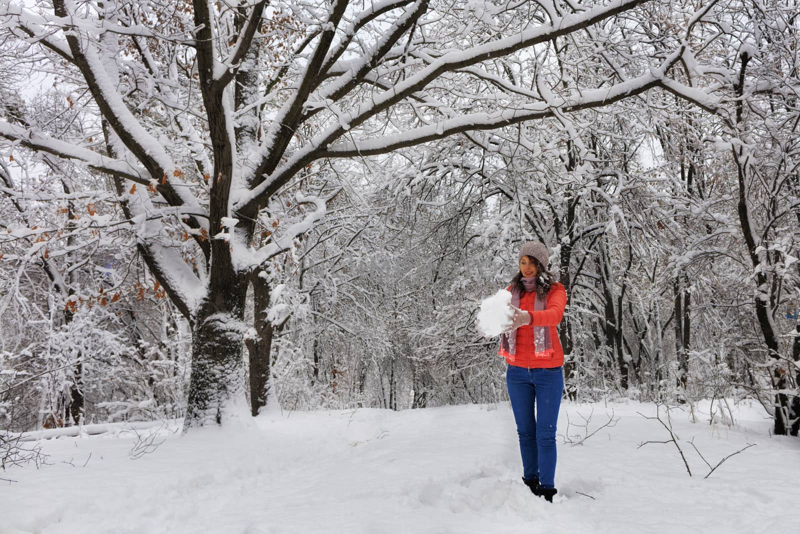 A young beautiful woman in a bright coral-colored jacket and blue jeans walks in the winter through the snow-covered fairy-tale forest near a branchy, snow-covered, perennial old oak tree and makes a large snowball.