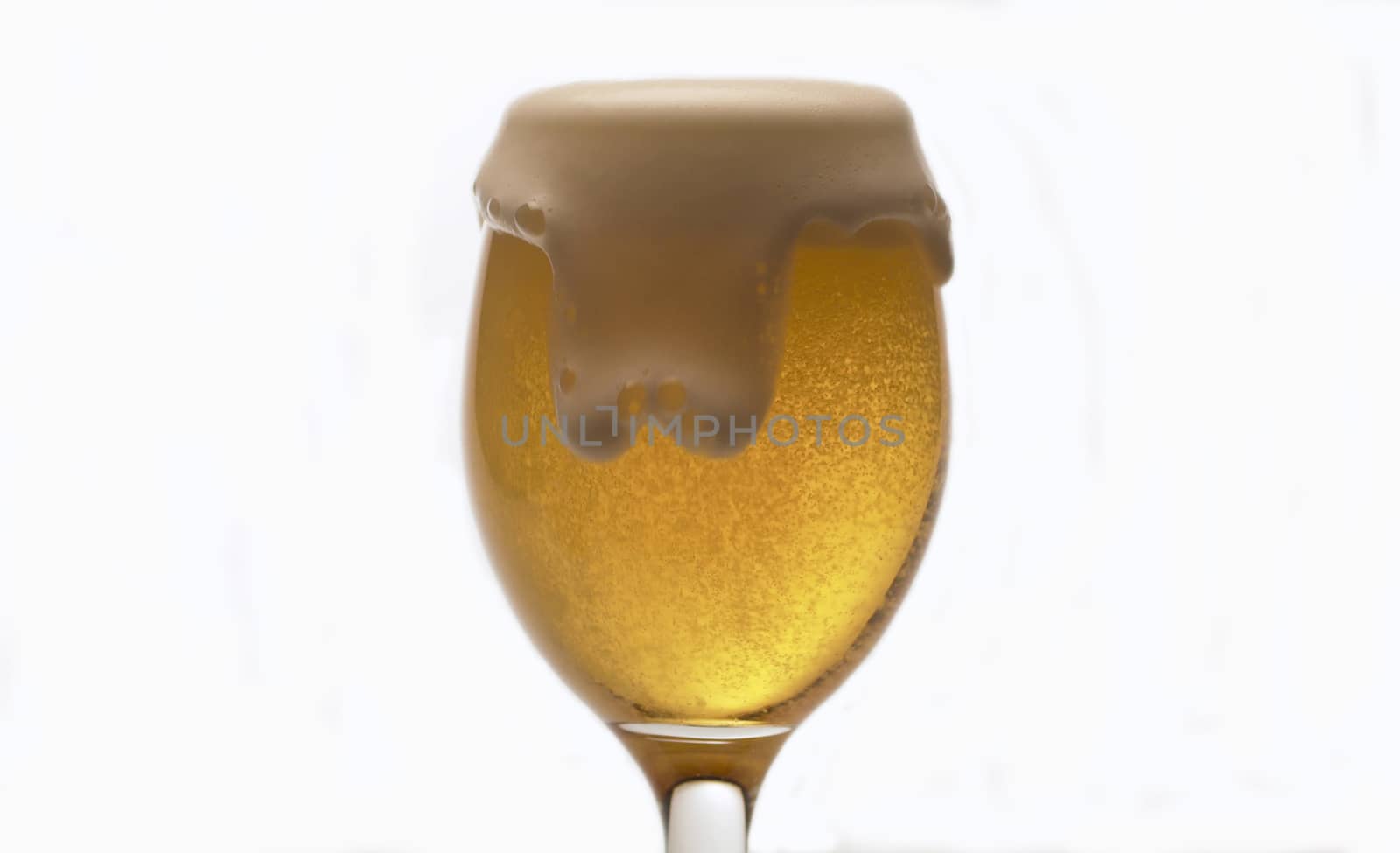 Close up of beer's foam rising in a glass, side view, white background. The foamy drink overflows and spills onto the table.