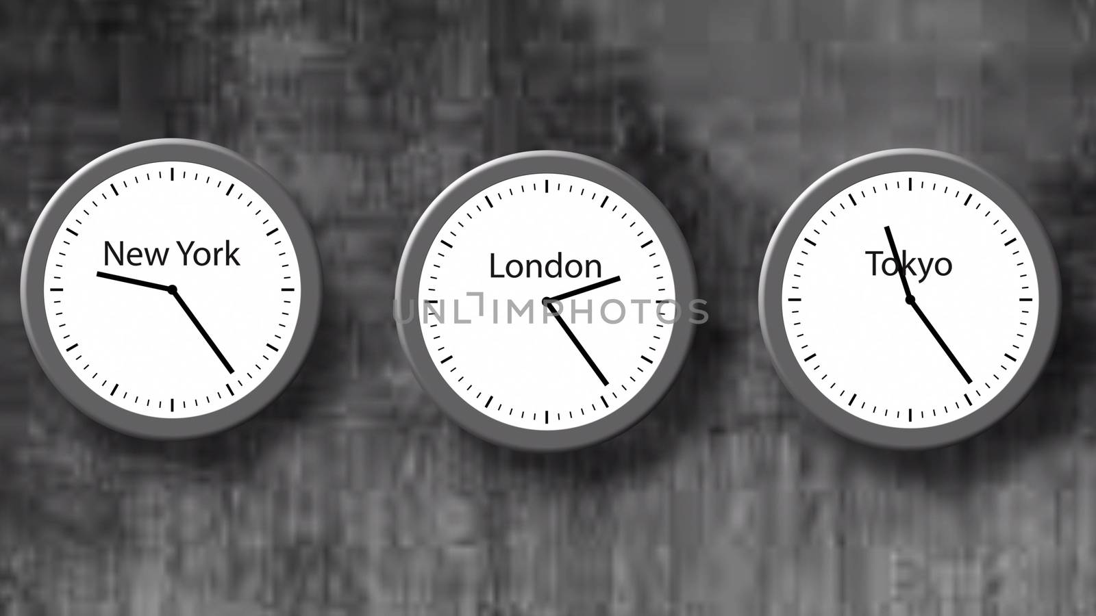 Round clocks showing different time in three cities - London, New York, Tokyo. Illustration of three time zones