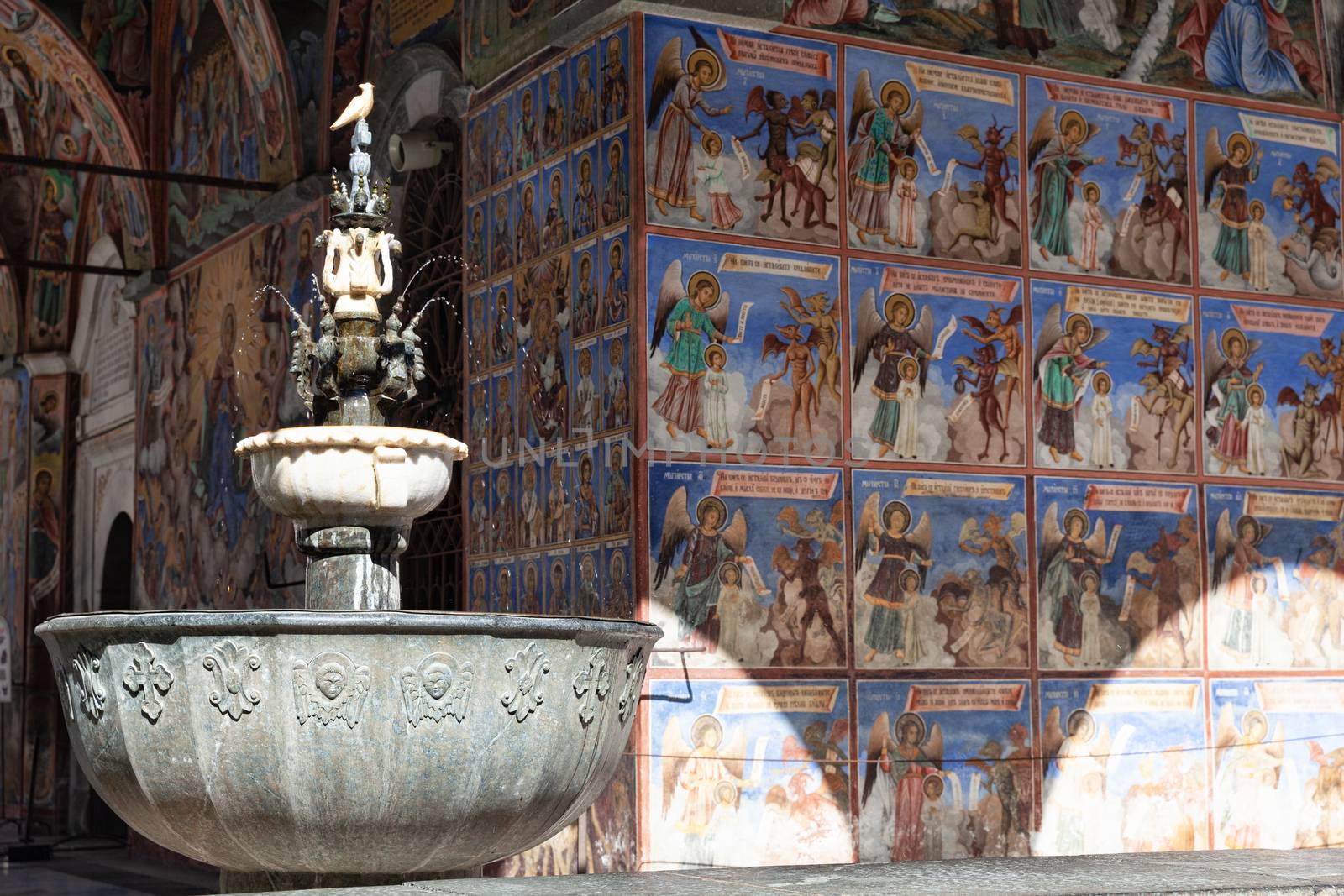 Outer corridor with frescoes, Rila Monastery, Bulgaria by vlad-m