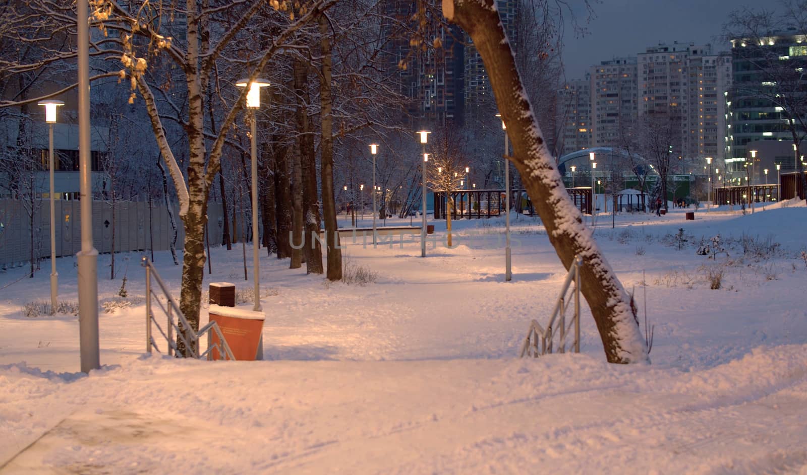 Snow covered city park in the evening. Light of lanterns, luminous windows in the houses. Winter cityscape.