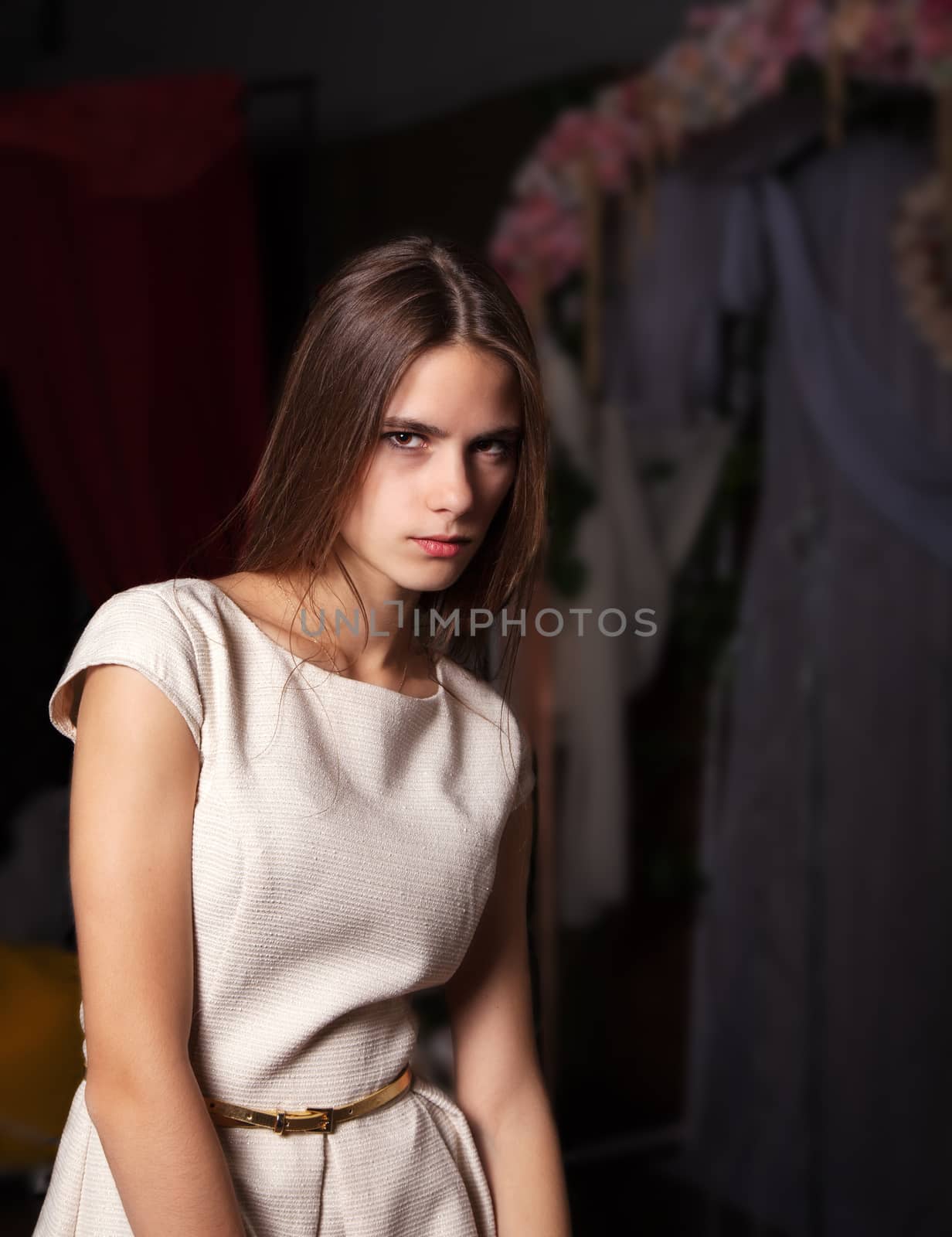 portrait of a young beautiful brunette girl in dark tones