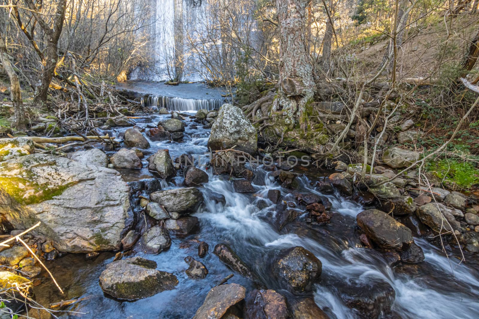 closeup of melting stream and in the background waterfall in the middle of the forest