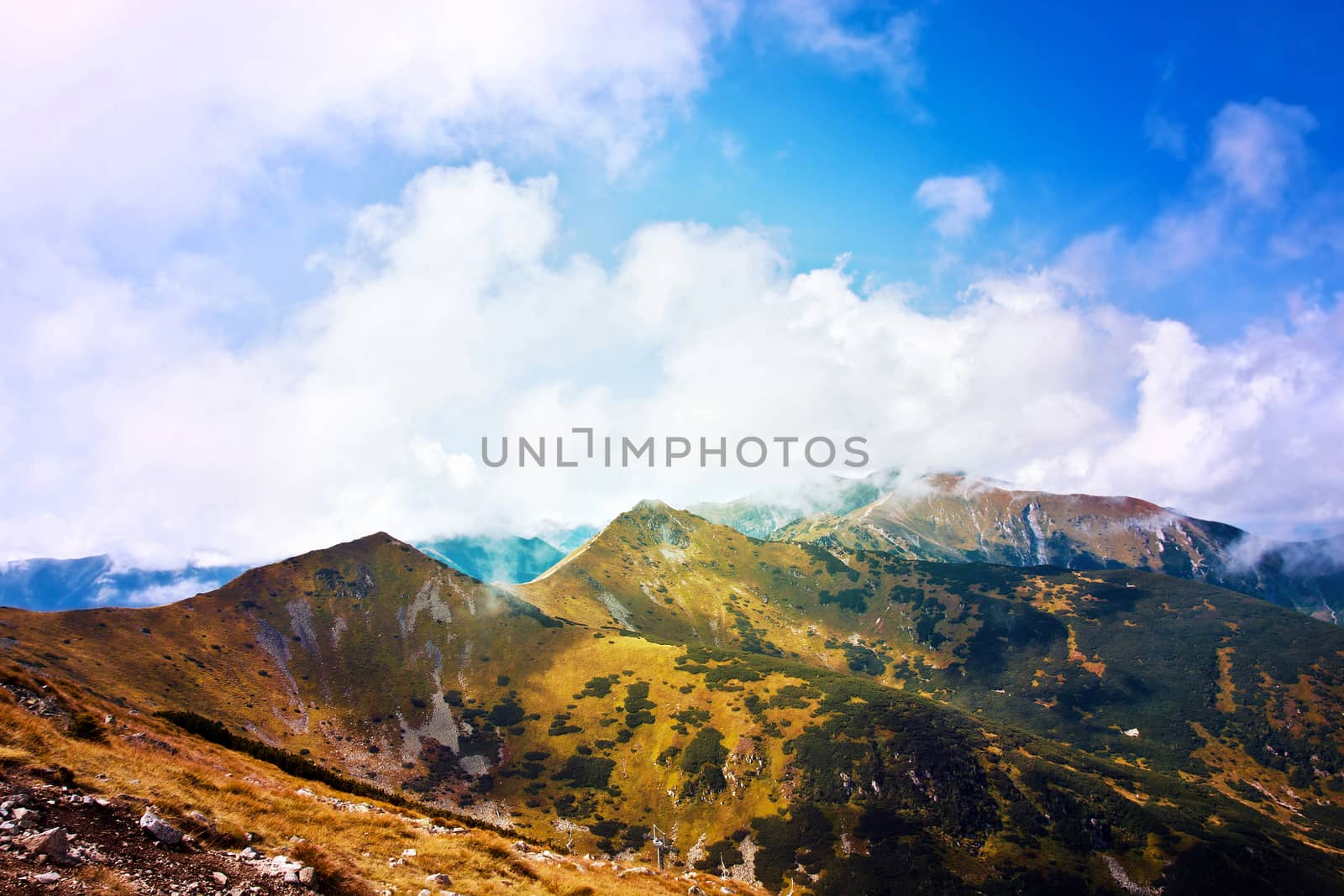 Fantasy and colorfull autumn landscape in mountains. Nature and fall.