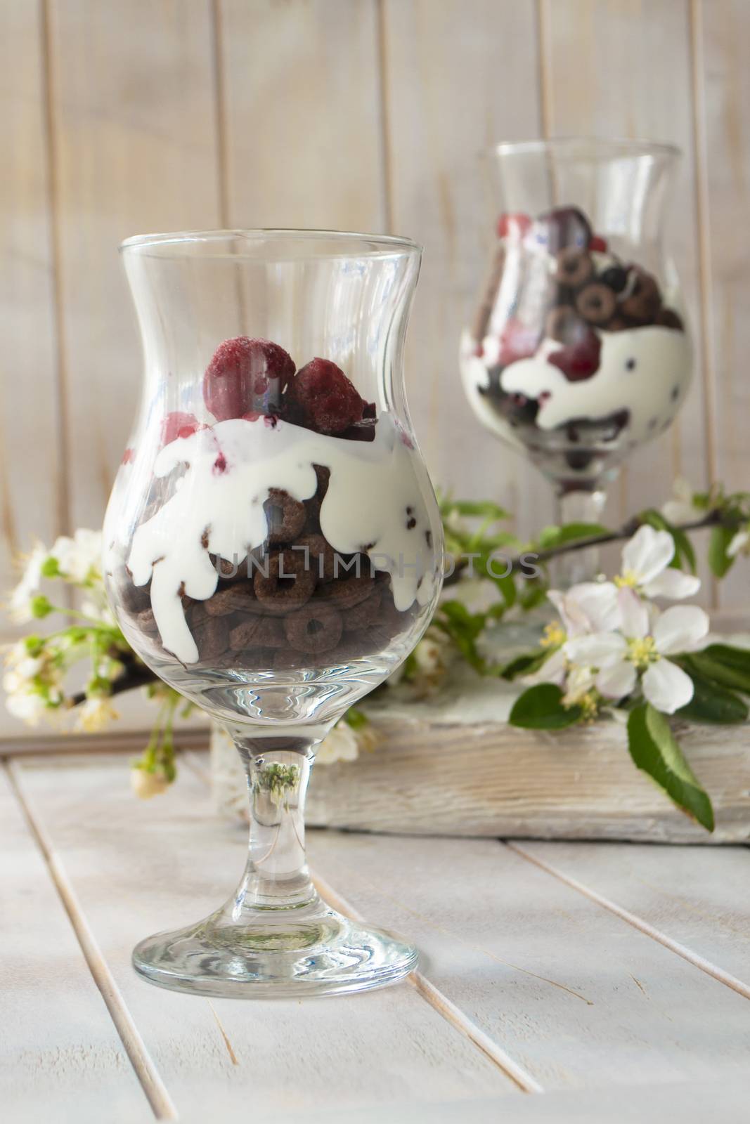 Layered dessert with chocolate cake, whipped cream and raspberry in a jar, spring flowers