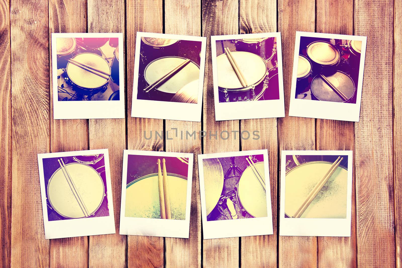 Drums conceptual image. Drums and drumsticks on the photo frames. Retro vintage instagram picture.