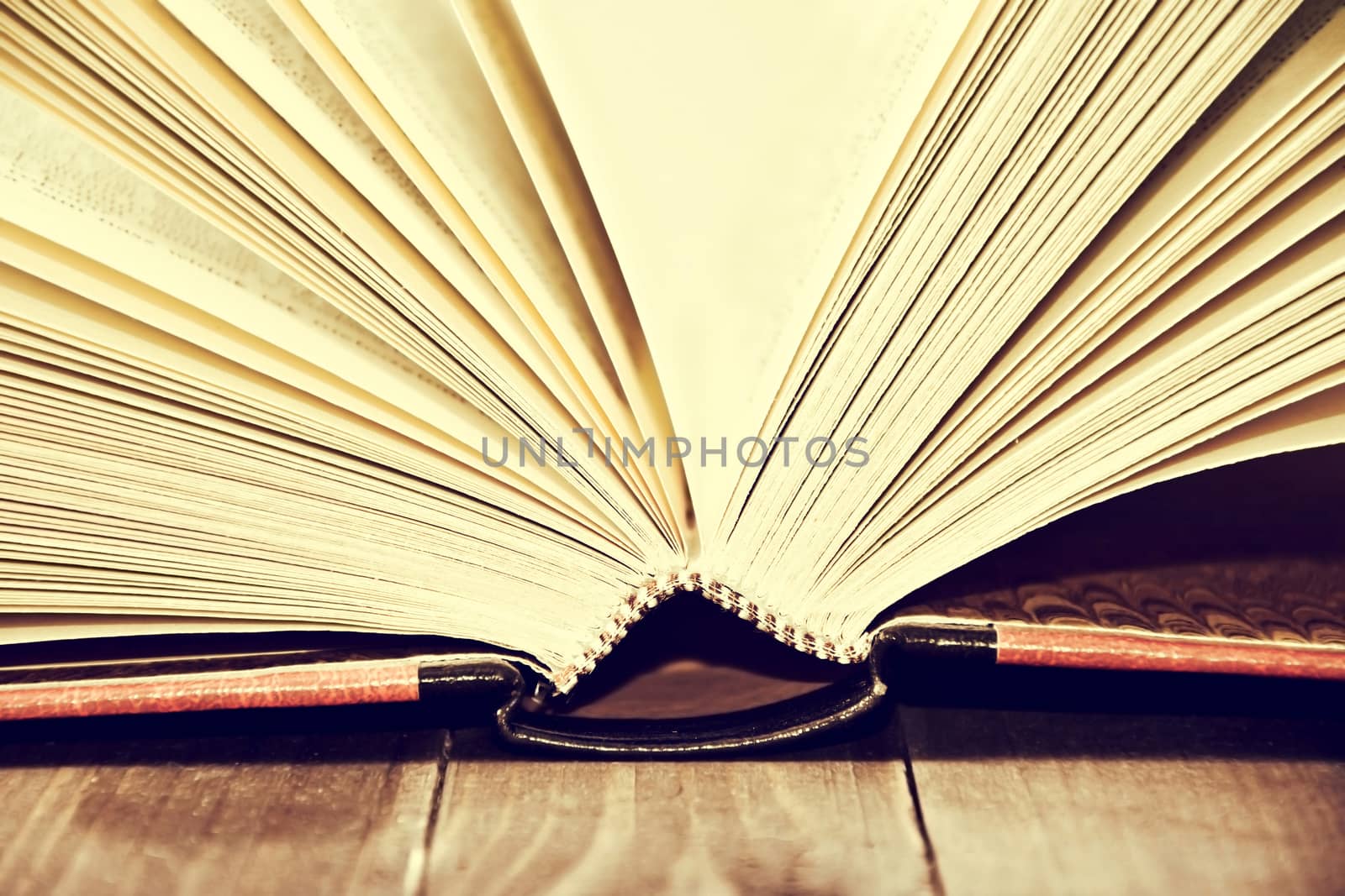 Open book on wooden table and white background. Education conceptual image.