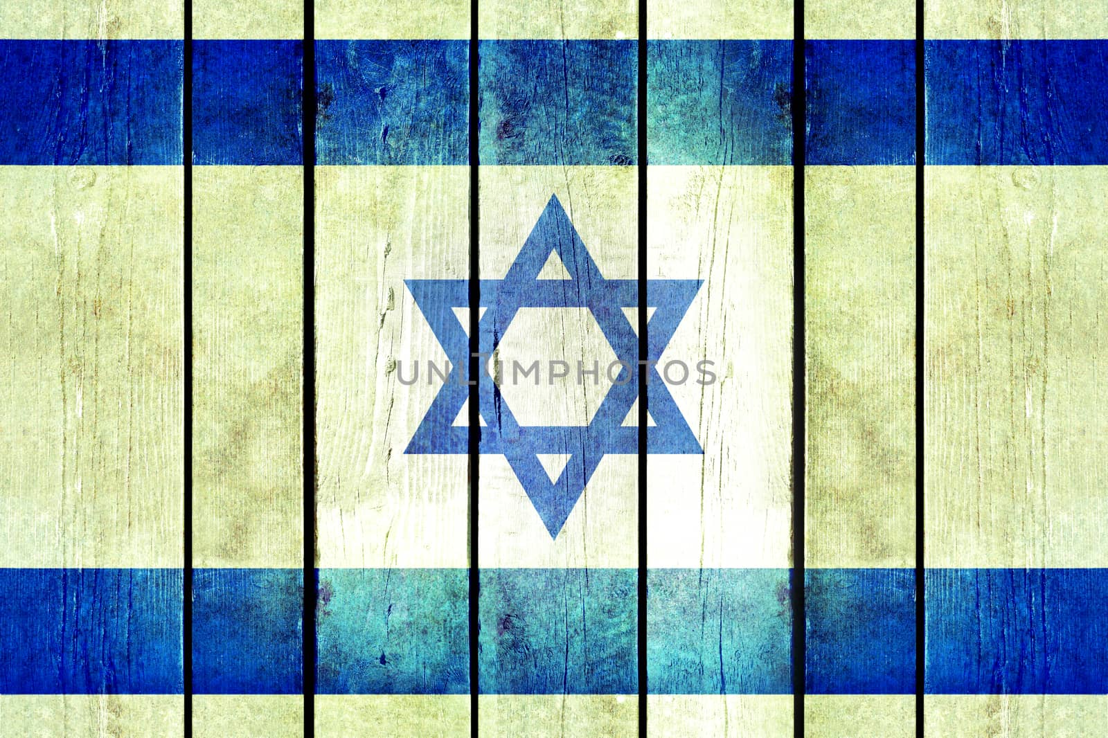 Israel wooden grunge flag. Israel flag painted on the old wooden planks. Vintage retro picture from my collection of flags.