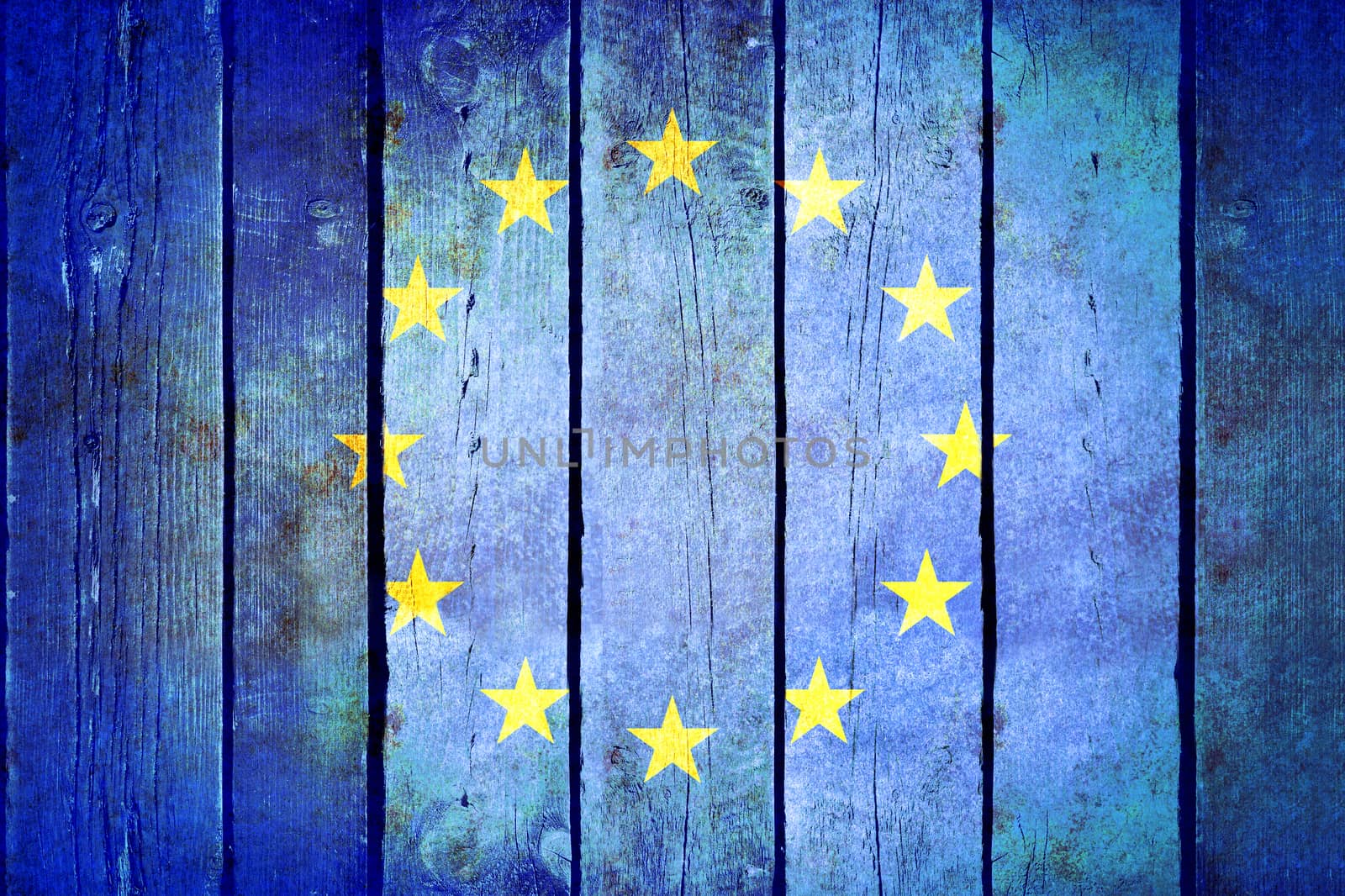 European Union wooden grunge flag. European Union flag painted on the old wooden planks. Vintage retro picture from my collection of flags.