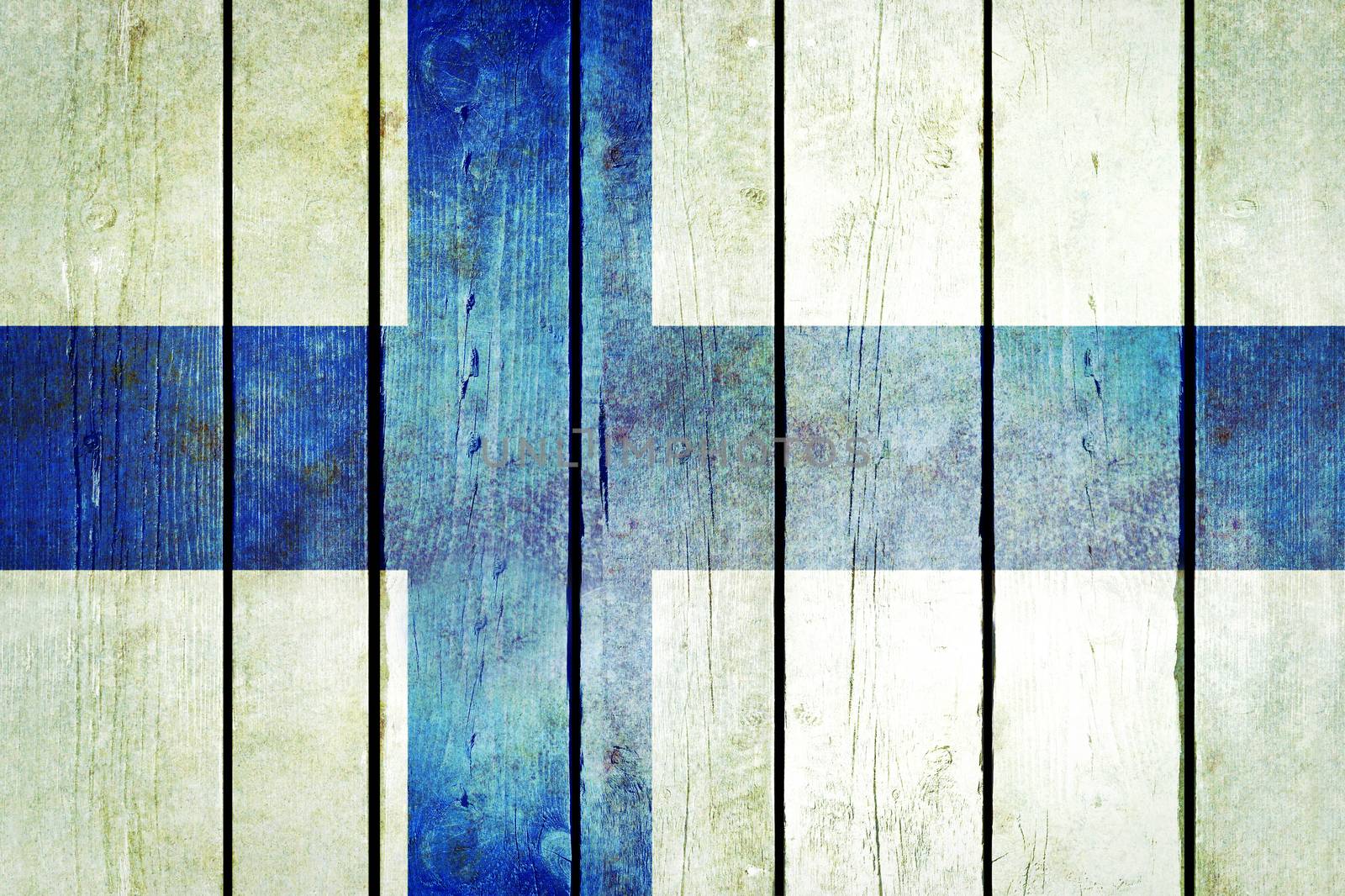 Finland wooden grunge flag. Finland flag painted on the old wooden planks. Vintage retro picture from my collection of flags.