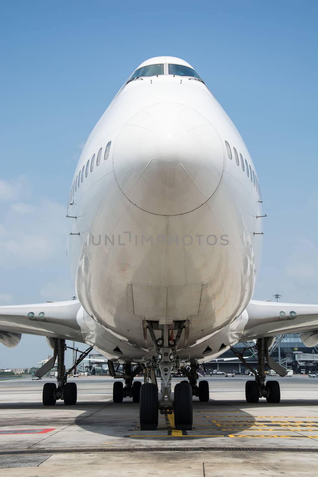 Passenger planes at the airport shoot on the bus