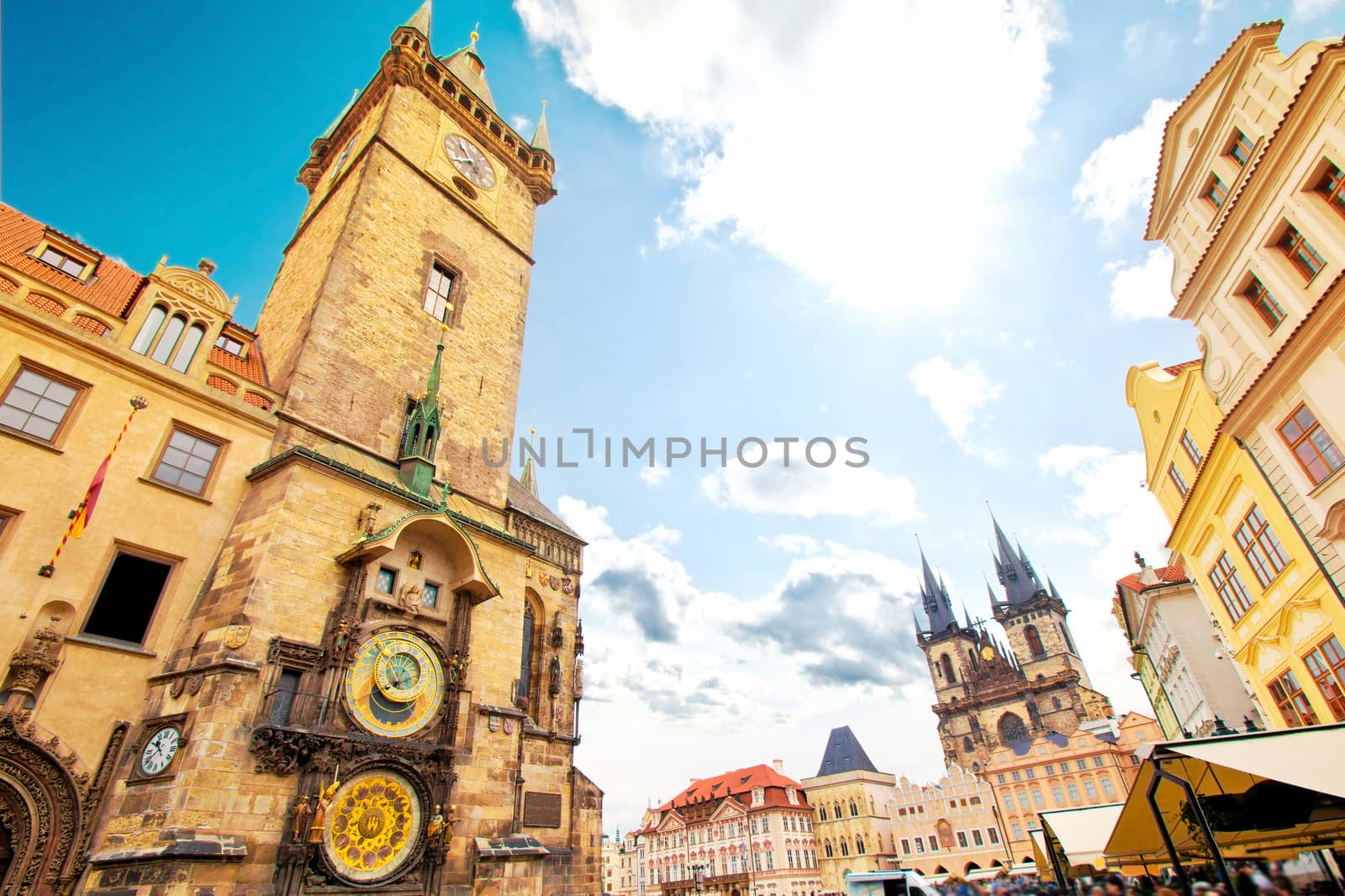 Monuments of Prague. Old Town Hall with Orloj Astronomical Clock and Tyn Church.