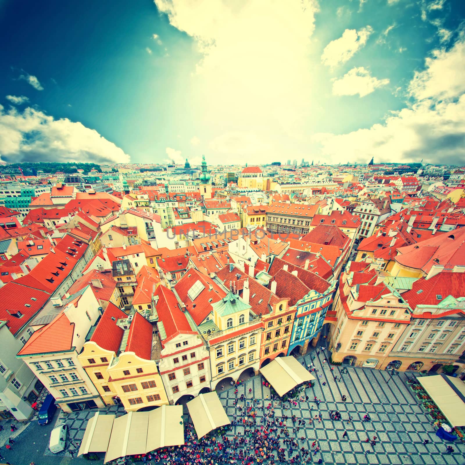 Prague. Old Town. View on many tourists seen from Old Town City Hall.  European city concept. Vintage picture.