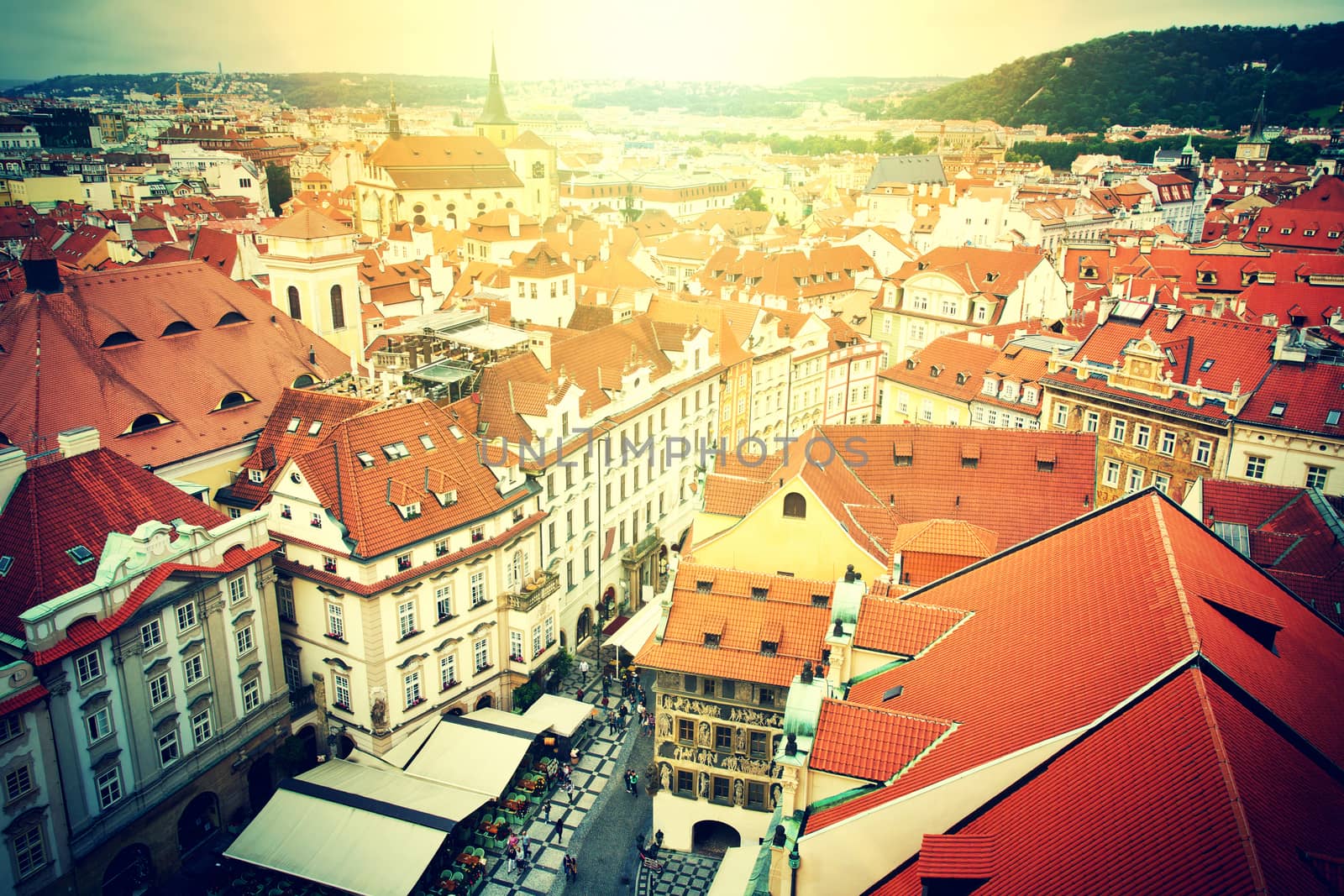 Prague. Old Town. View from Old Town City Hall.  European city concept. Vintage picture.
