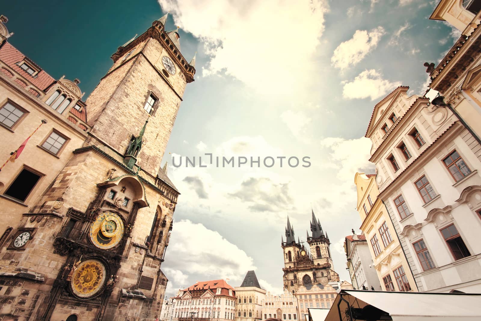 Prague. Old Town Hall with Orloj Astronomical Clock and Tyn Church.