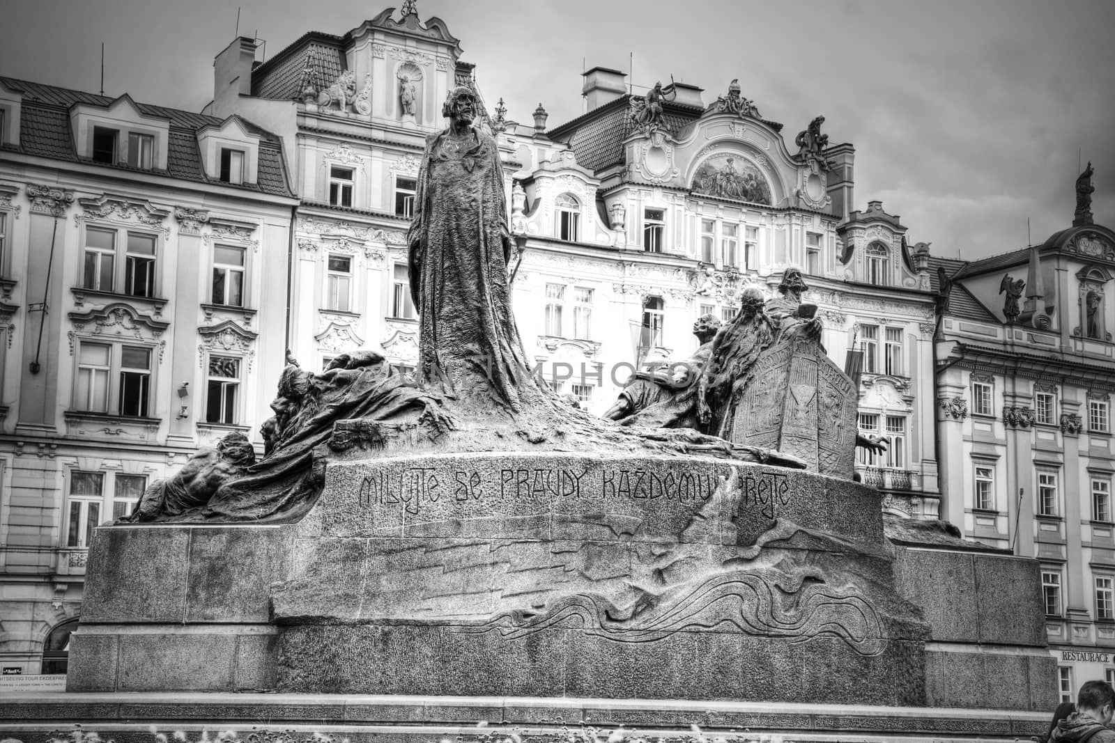 Memorial of Jan Hus in Prague. Monuments and statues of Prague concept. Black&white picture.