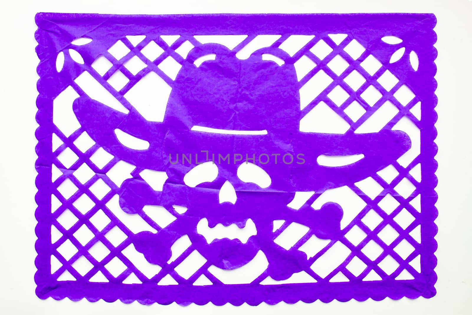 Day of the Dead, Papel Picado. Purple Real traditional Mexican paper cutting flag. Isolated on white background. by oasisamuel
