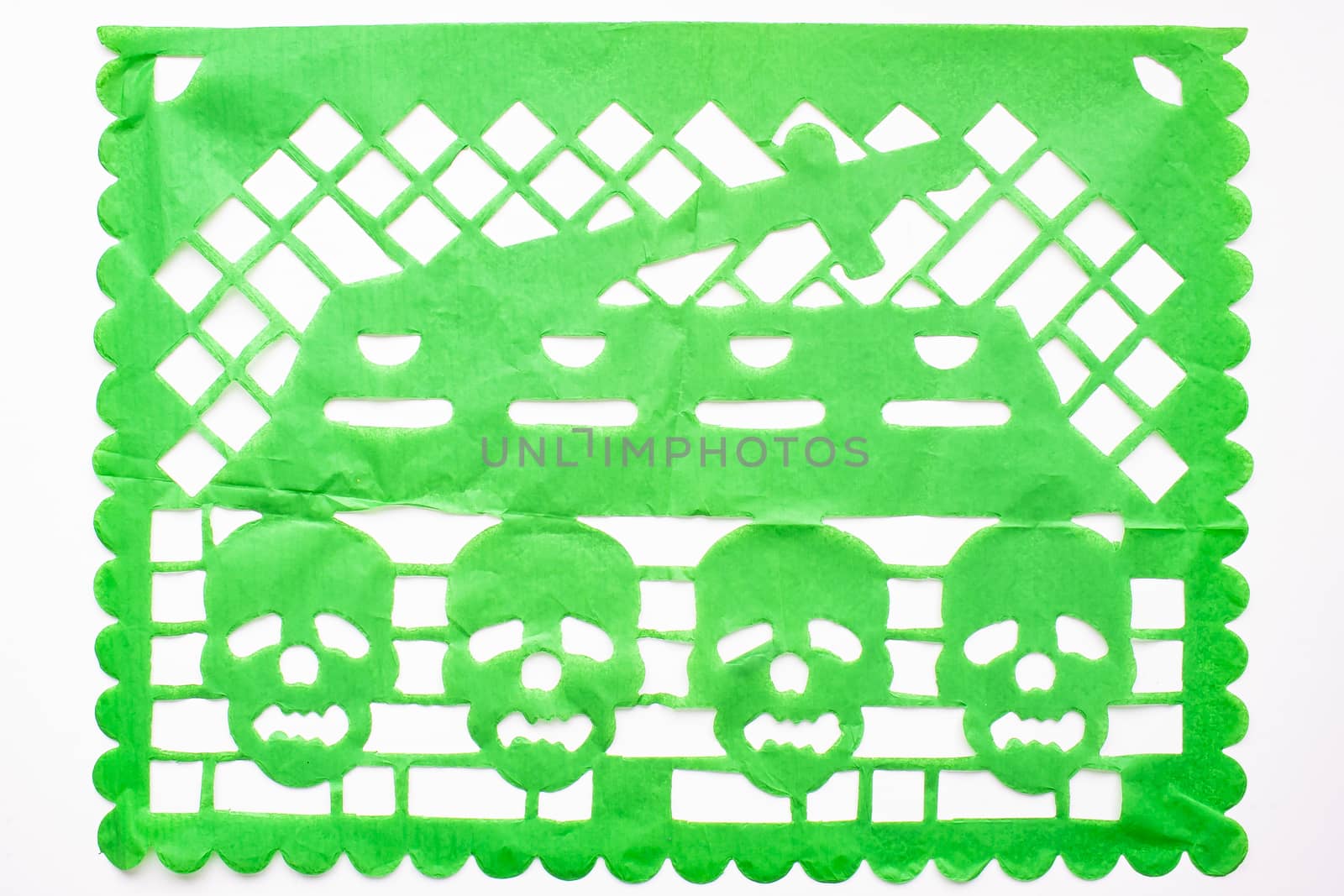 Day of the Dead, Papel Picado. Green Real traditional Mexican paper cutting flag. Isolated on white background. by oasisamuel