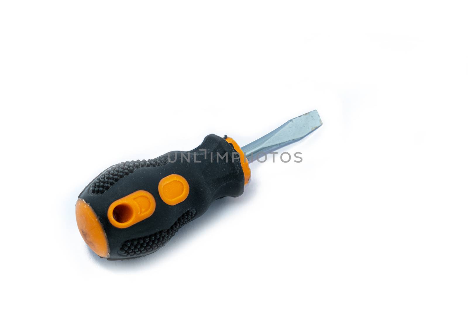 Professional slotted Screwdriver with a Yellow-Black plastic handle. construction tool isolated on white background. Cruciform for repair and construction. by peerapixs