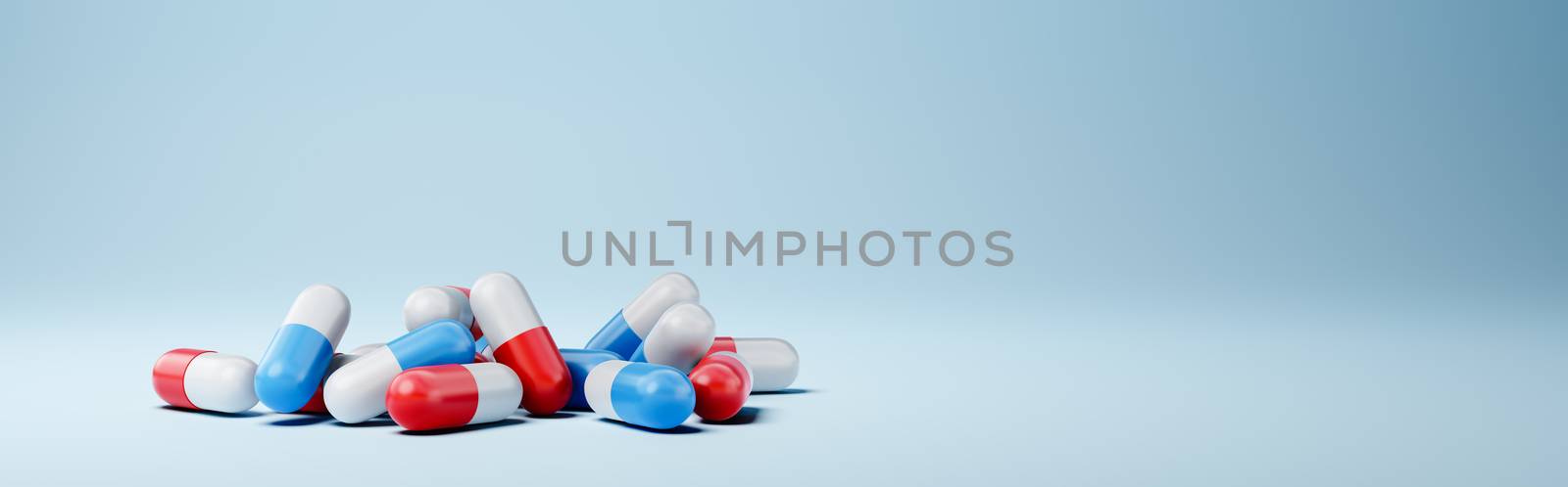 Pile of Red and Blue Pills on Blue Background with Copy Space 3D Illustration