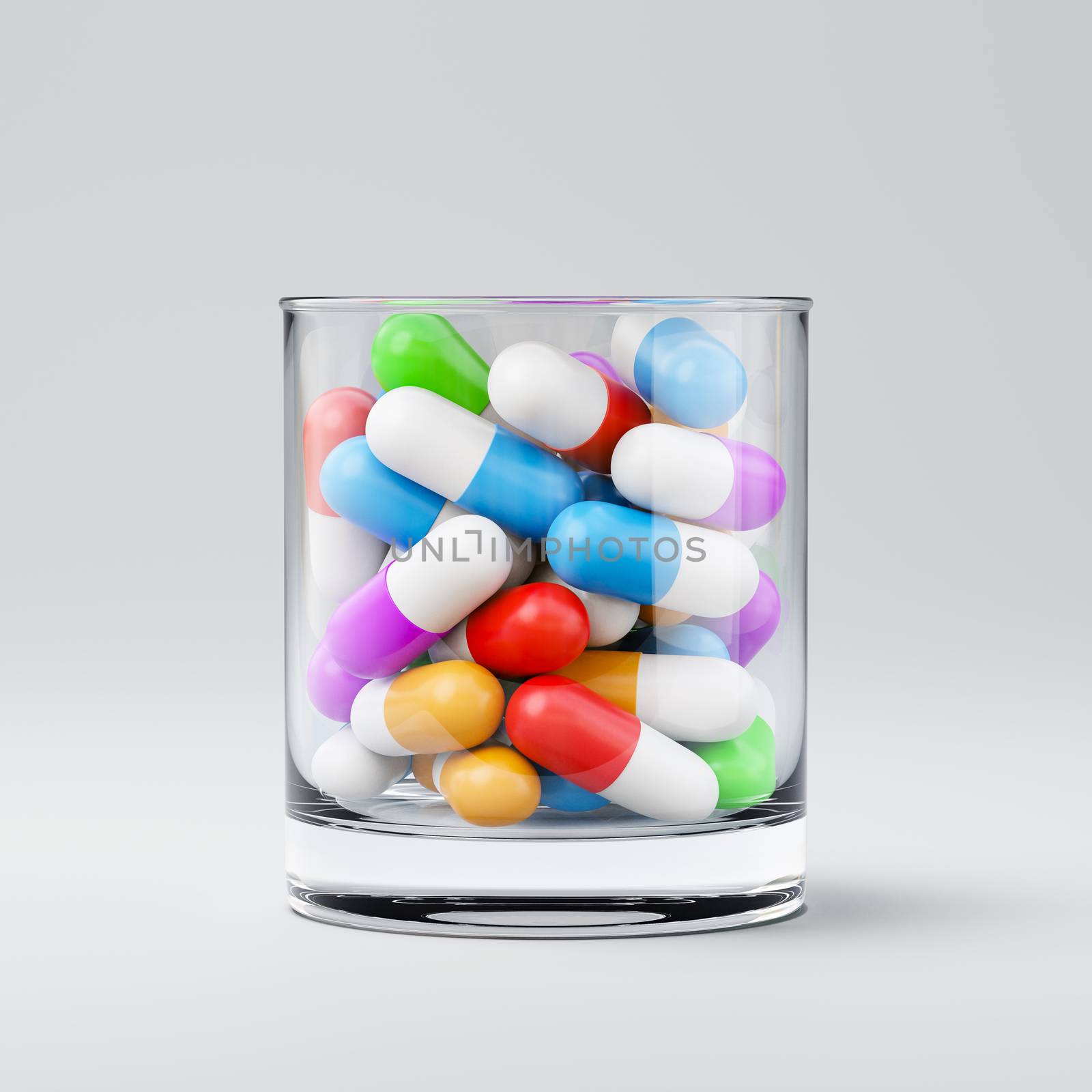 Mix of Colorful Pills in a Drinking Glass on Light Gray Background 3D Illustration