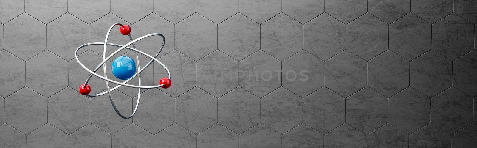 Red and Blue Atom Symbol Structure on Gray Hexagon Pattern Background with Copy Space 3D Illustration