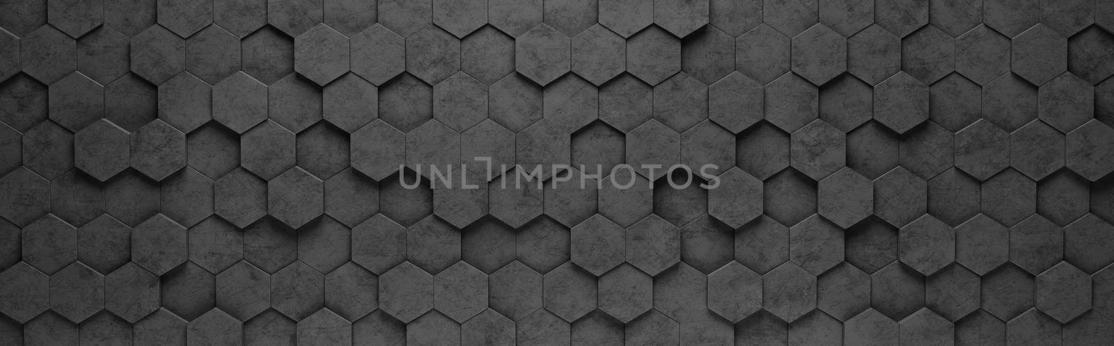 Wall of Black Hexagon Tiles Arranged in Random Height 3D Background Illustration