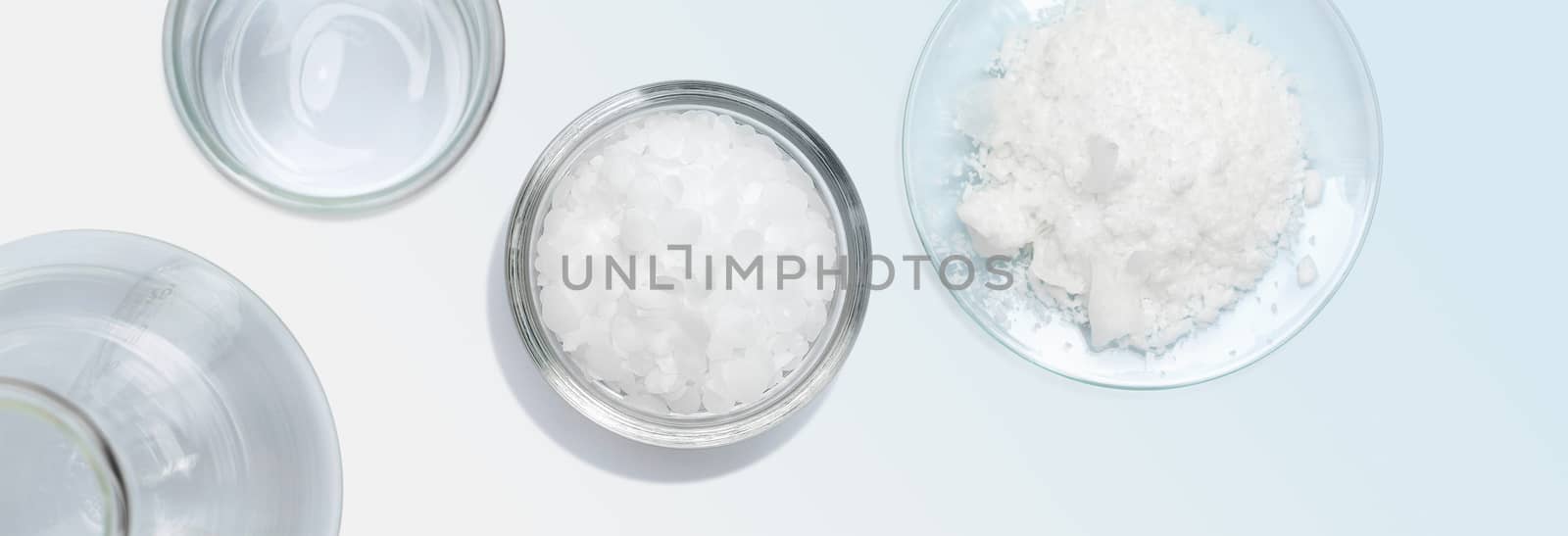 Cosmetic chemicals ingredient on table. Emulsifier, Ethanolamine, Acid, Cetyl Alcohol