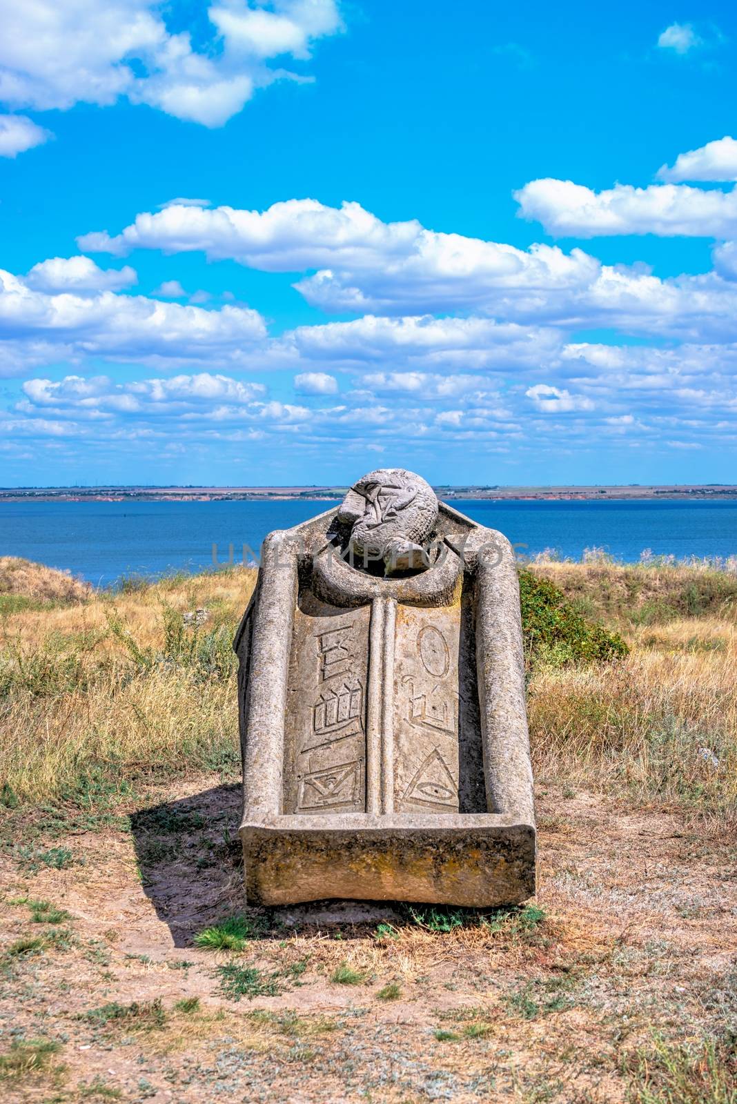 Parutino, Ukraine 08.17.2019. Ancient greek colony Olbia on the banks of the Southern Bug River in Ukraine on a cloudy summer day.