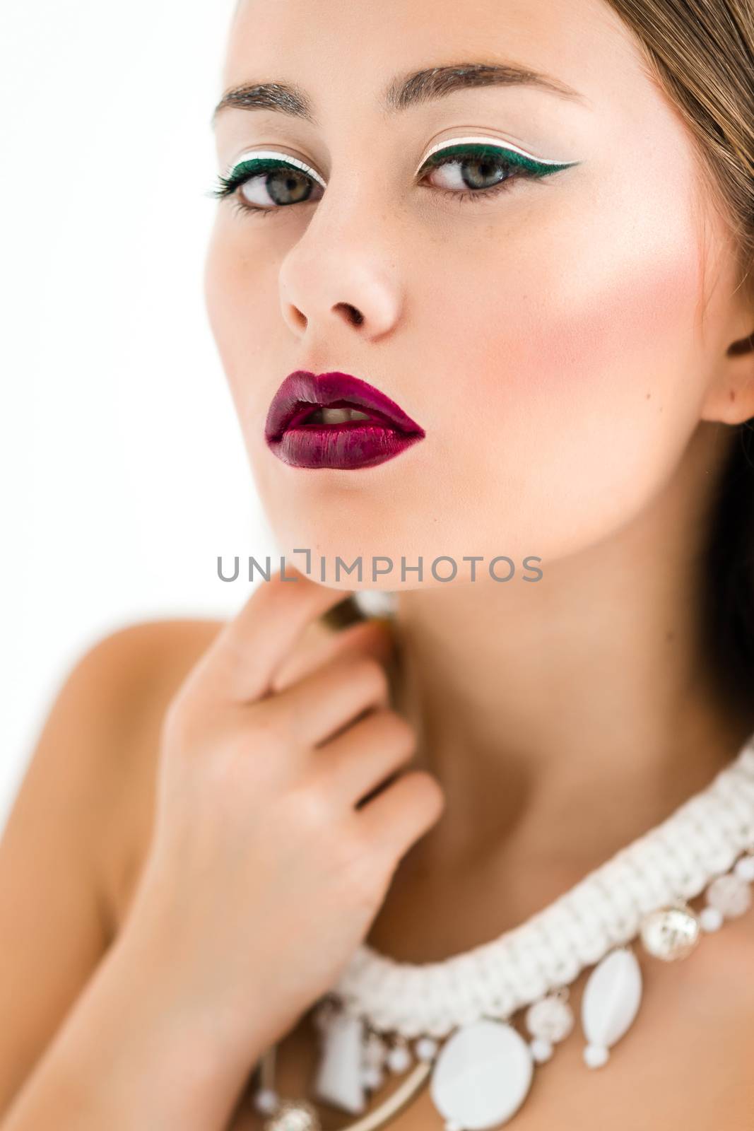 girl in a white blouse and black skirt on a white background