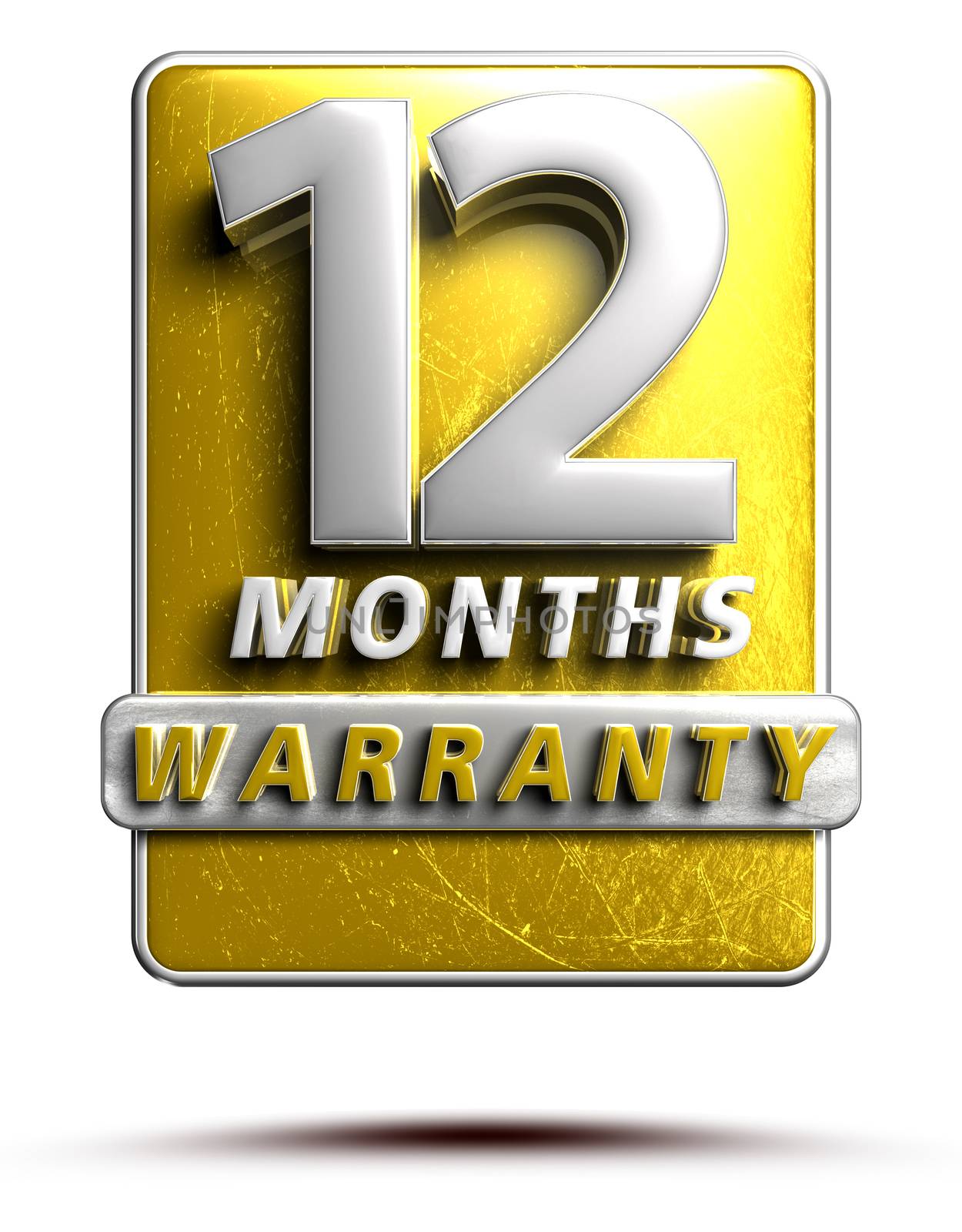 Warranty label 3D illustration 12 months Gold Color Numbers in stainless steel Isolated on a white background. (With Clipping Path).