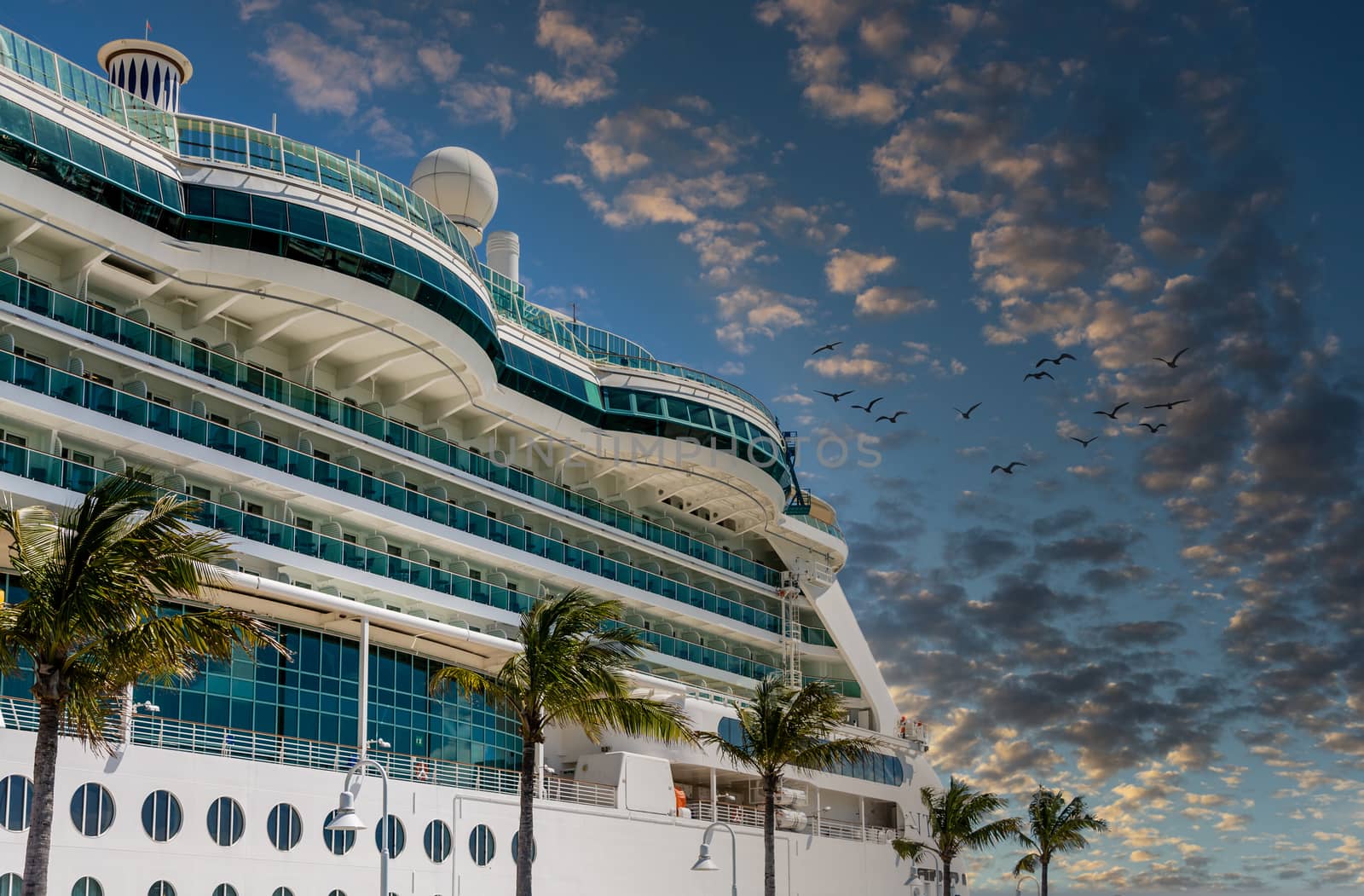 Luxury cruise ship docked under clear blue tropical skies